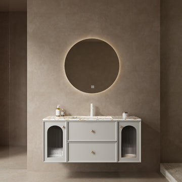 Bay 48" Bathroom Vanity With Sink, Modern Wall Mounted Floating Plywood Bathroom Storage Cabinet With 2 Drawers And 2 Doors, Terrazzo Counter Top And White Ceramic Basin With Sink Hole Cover And Drain Matte White Grayish Bathroom Modern,Scandinavian