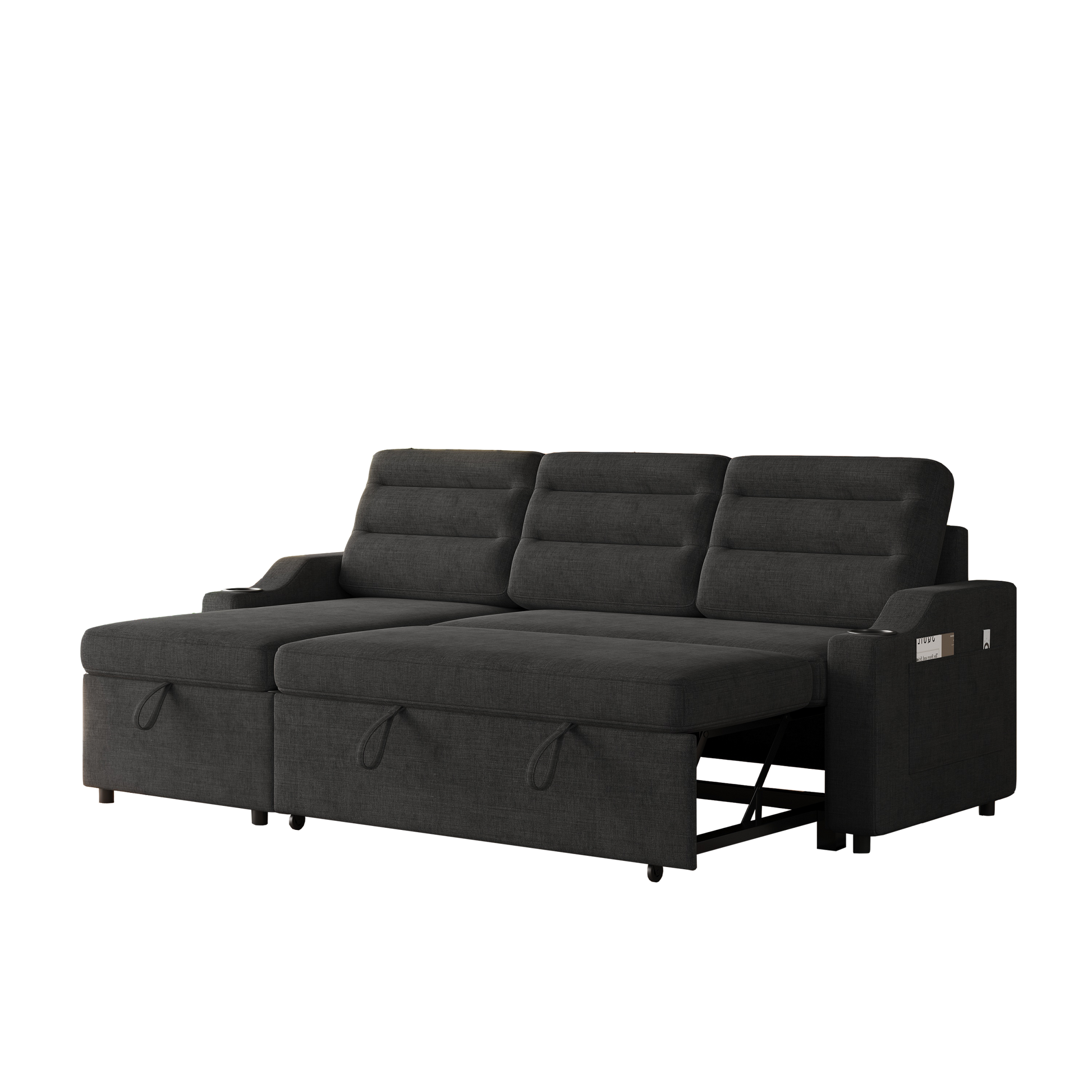 Mh83.5" Convertible Sleeper Combo Sofa, Convertible Sofa Bed Polyester Pullout Bed With Storage Recliner And Cup Holder For Living Room, Tight Spaces Black Polyester Wood Primary Living Space Pine Polyester Fabric 3 Seat