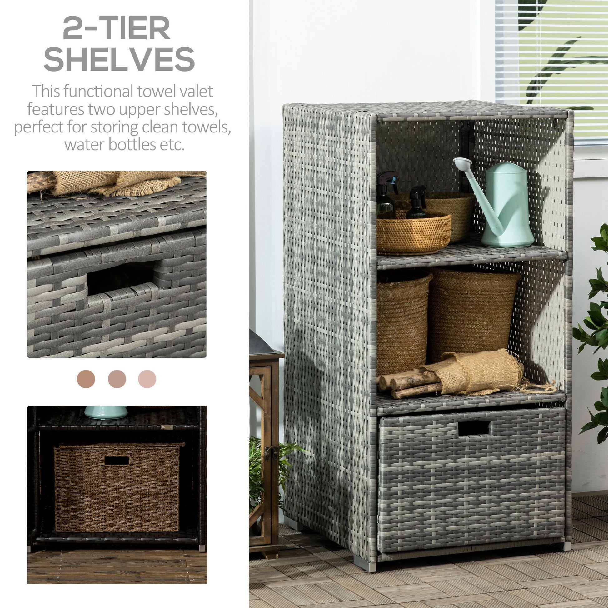 Outsunny Valet Pool Towel Rack, Waterproof Pe Plastic Rattan Wicker Storage Organizer, Indoor Outdoor Spa, And Hot Tub Accessory Storage, 2 Shelves, 1 Basket Drawer, Gray Grey Rattan