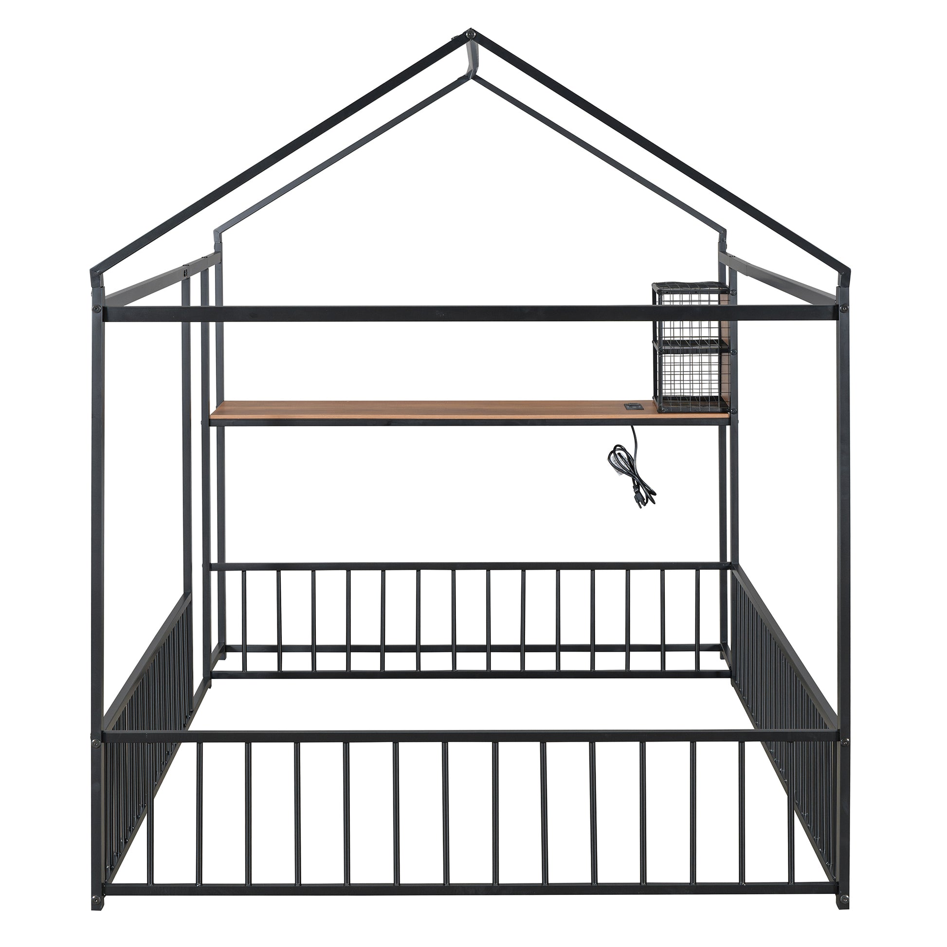 Full Size Metal Bed House Bed Frame With Desk, Shelves, Power Outlets And Usb Ports, Black Full Black Metal