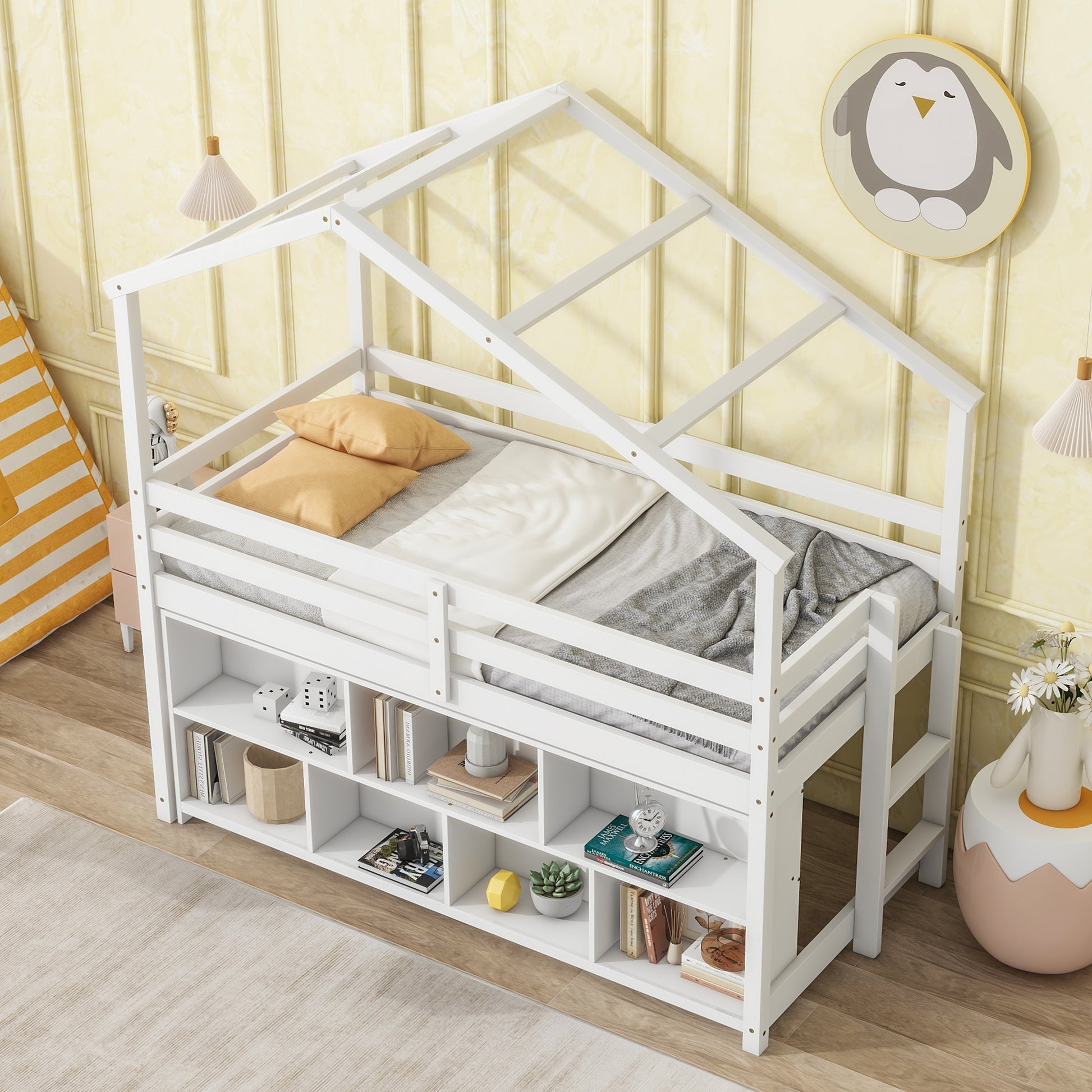 Twin House Loft Bed With Roof Frame, Under Bed Shelving Storage Unit, Guardrails, Ladder,White Twin White Bedroom American Design Pine Pine