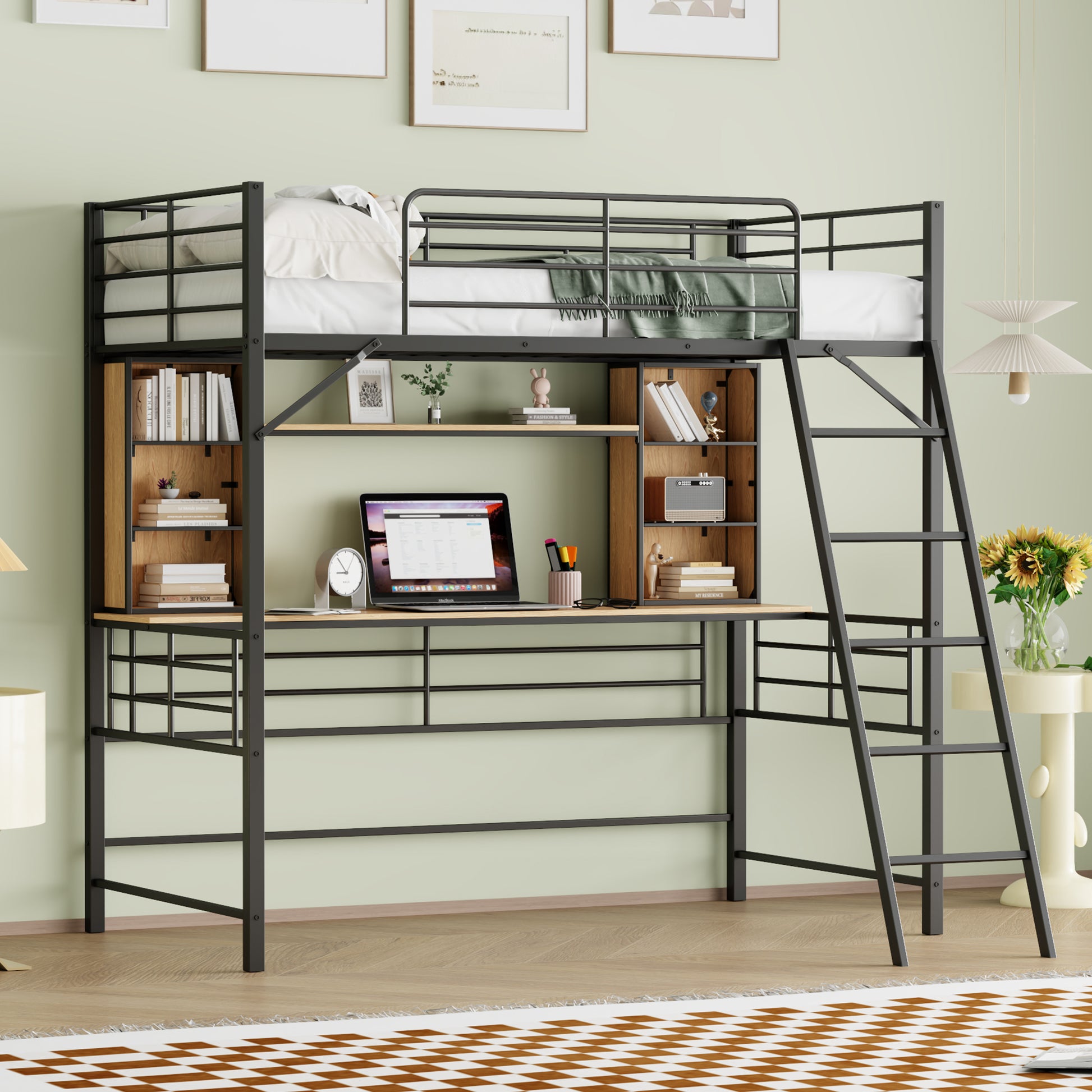 Twin Size Loft Bed With Desk And Shelfloft Bed With Ladder,Twin,Black Twin Black Metal