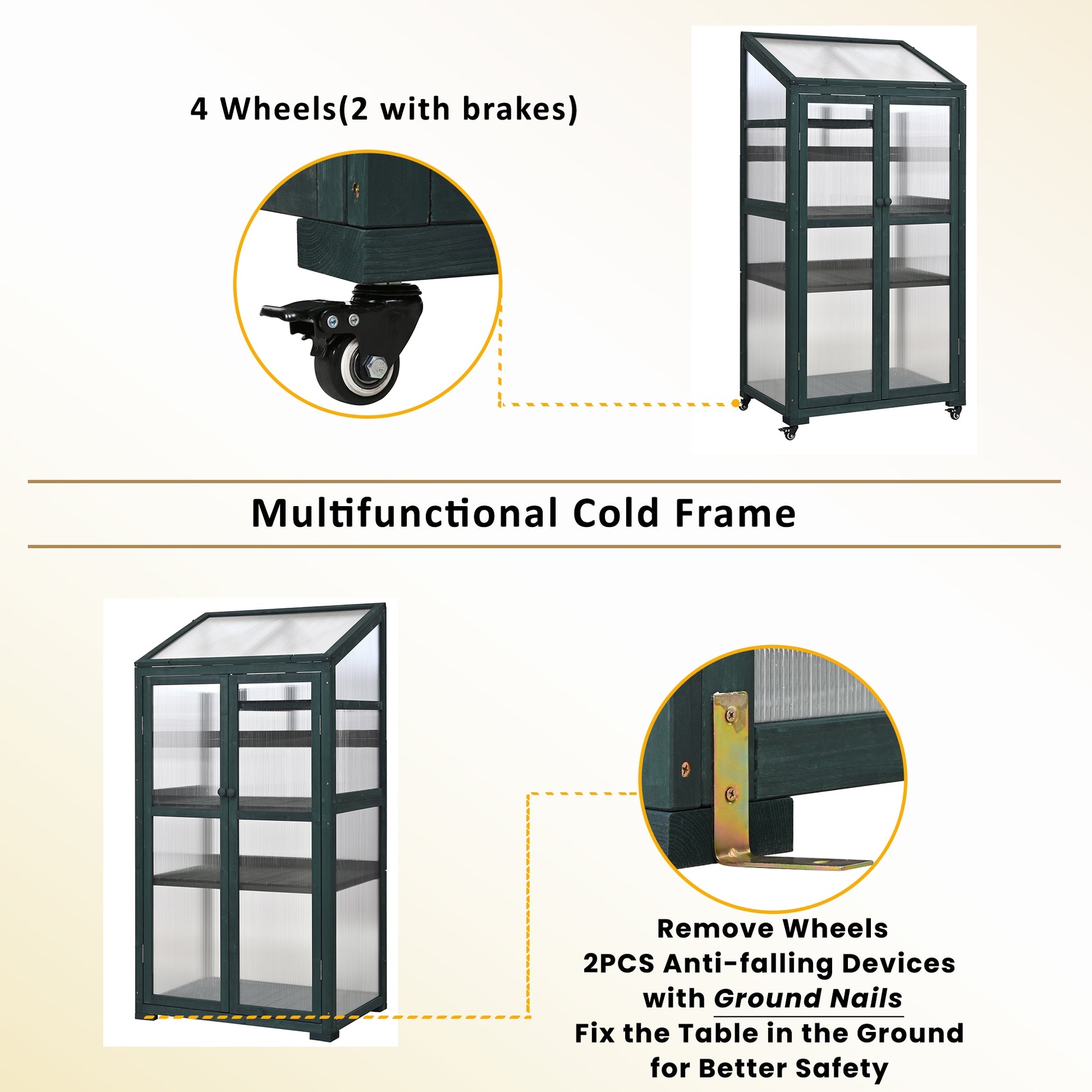 62Inch Height Wood Large Greenhouse Balcony Portable Cold Frame With Wheels And Adjustable Shelves For Outdoor Indoor Use, Forest Green Green Casual Wood Solid Wood