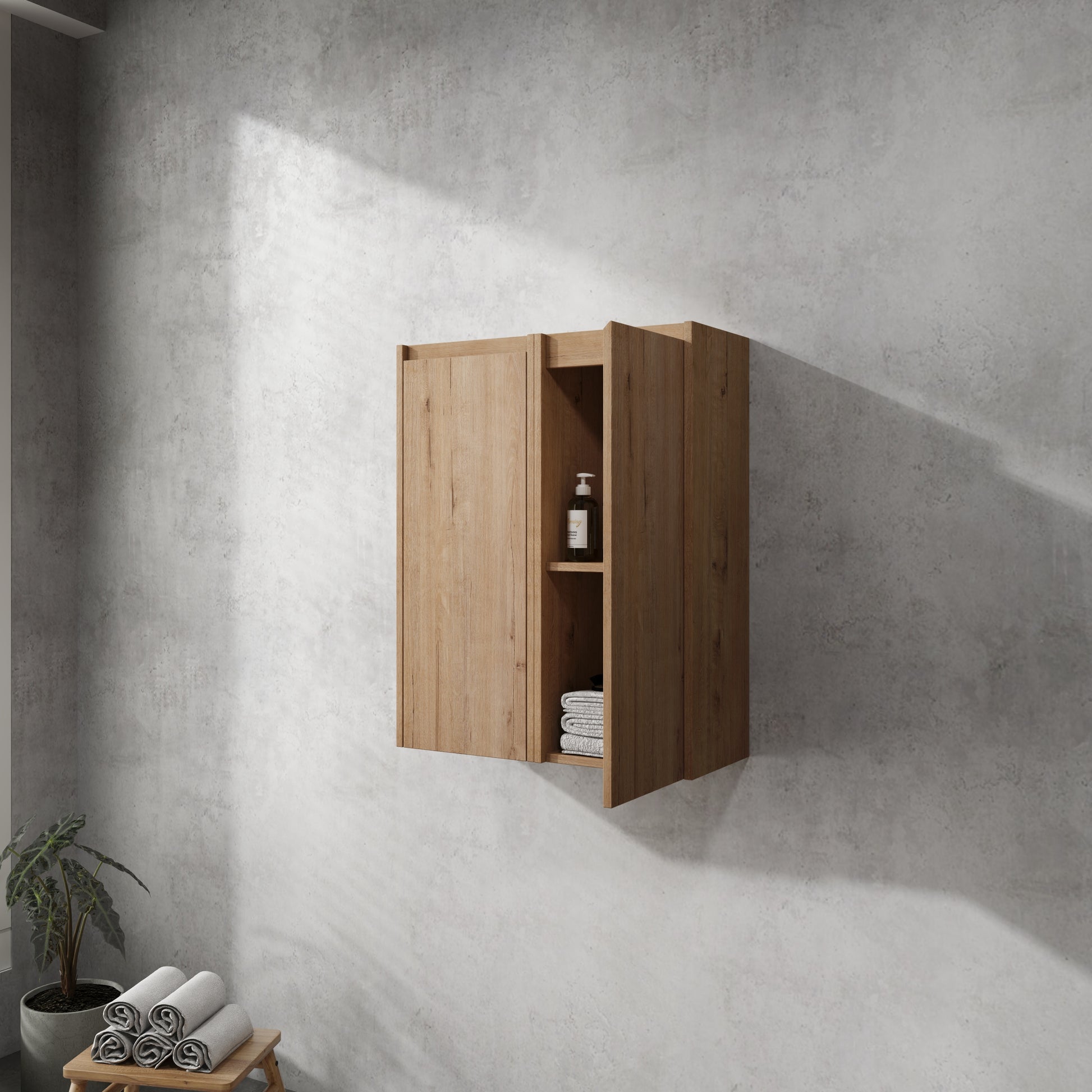 12" Bathroom Side Cabinet, 2 Soft Close Doors, Float Mounting Design, 12*2 Kd Packing Imitative Oak 2 Bathroom Wall Mounted Modern Plywood Plywood