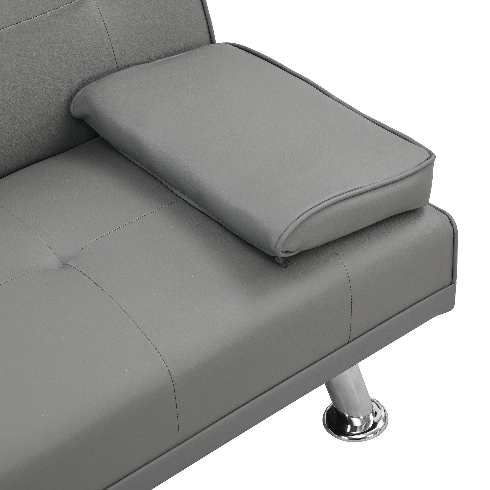 Sofa Bed With Armrest Two Holders Wood Frame, Stainless Leg, Futon Grey Pvc Grey Leather 2 Seat