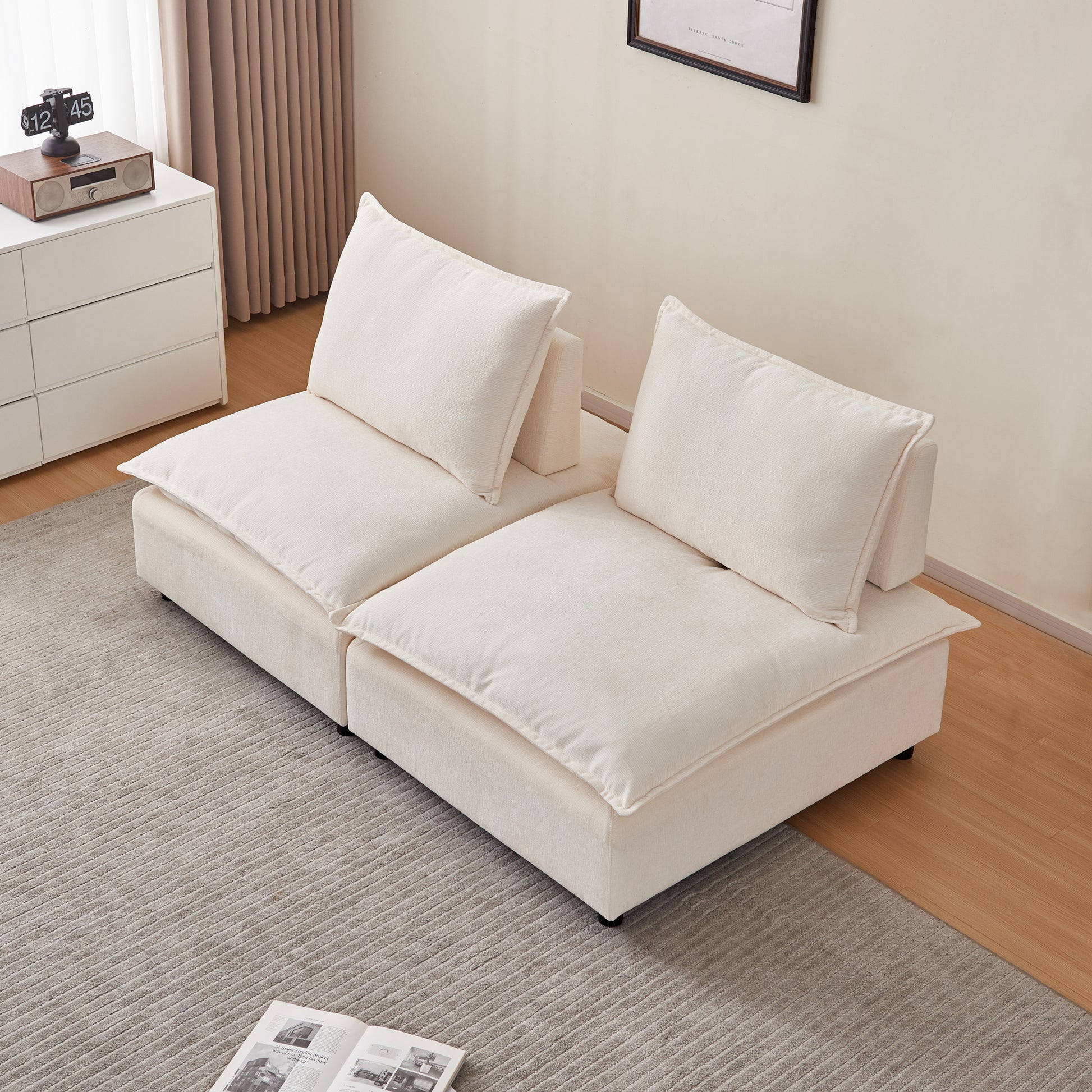 Modern Armless Accent Chair, Single Sofa Couch With Ottoman Compact Design, Space Saving Seating For Living Room, Bedroom, Apartment, Office Beige Wood Medium Soft Foam Chenille 1 Seat