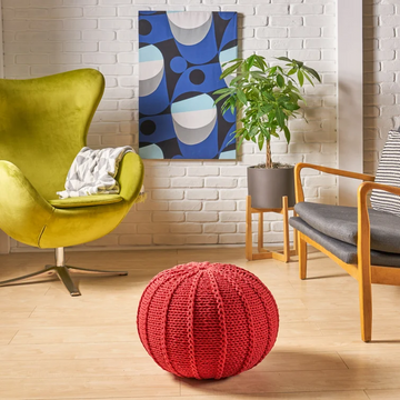 Knited Pouf Red Cotton