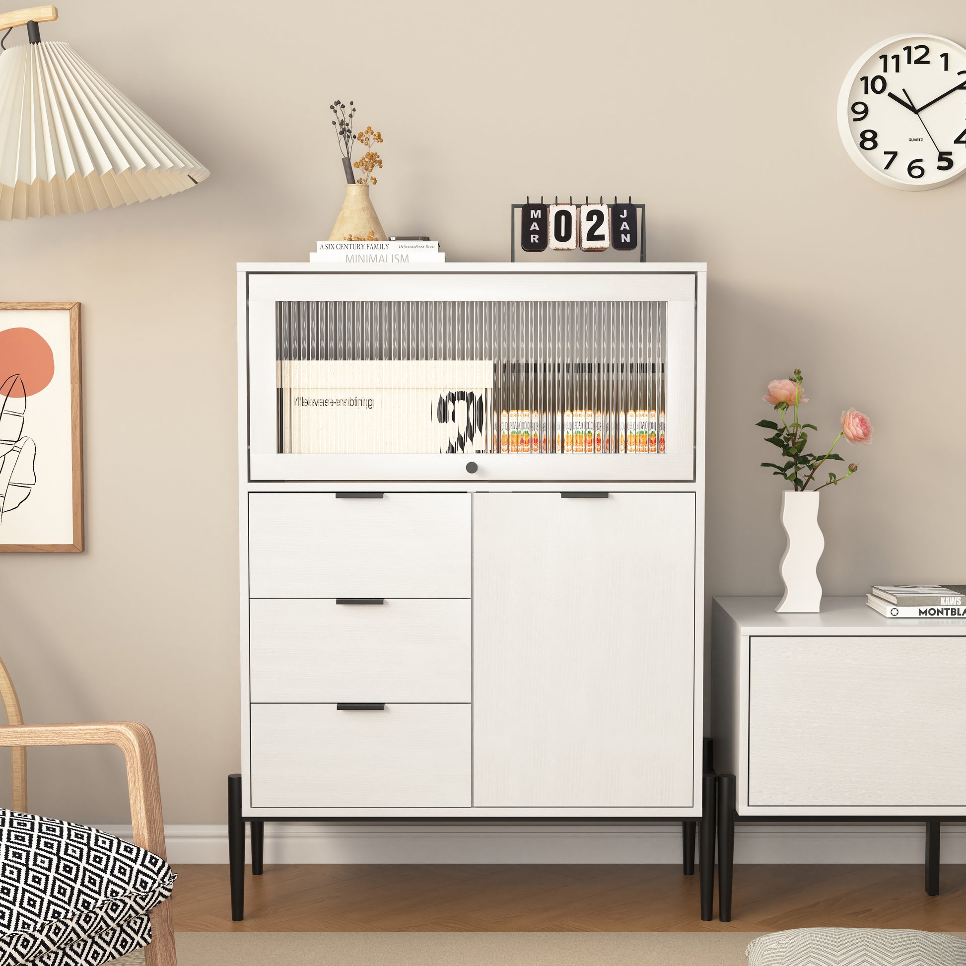 Sideboard With 3 Drawers ,1 Door And 1 Glass Door Wood Cabinet With Storage For Kitchen, Dining Room, Hallway 33.46" X 15.74" X 47.2" 5 Or More Spaces White White Glass Doors Modern Particle Board