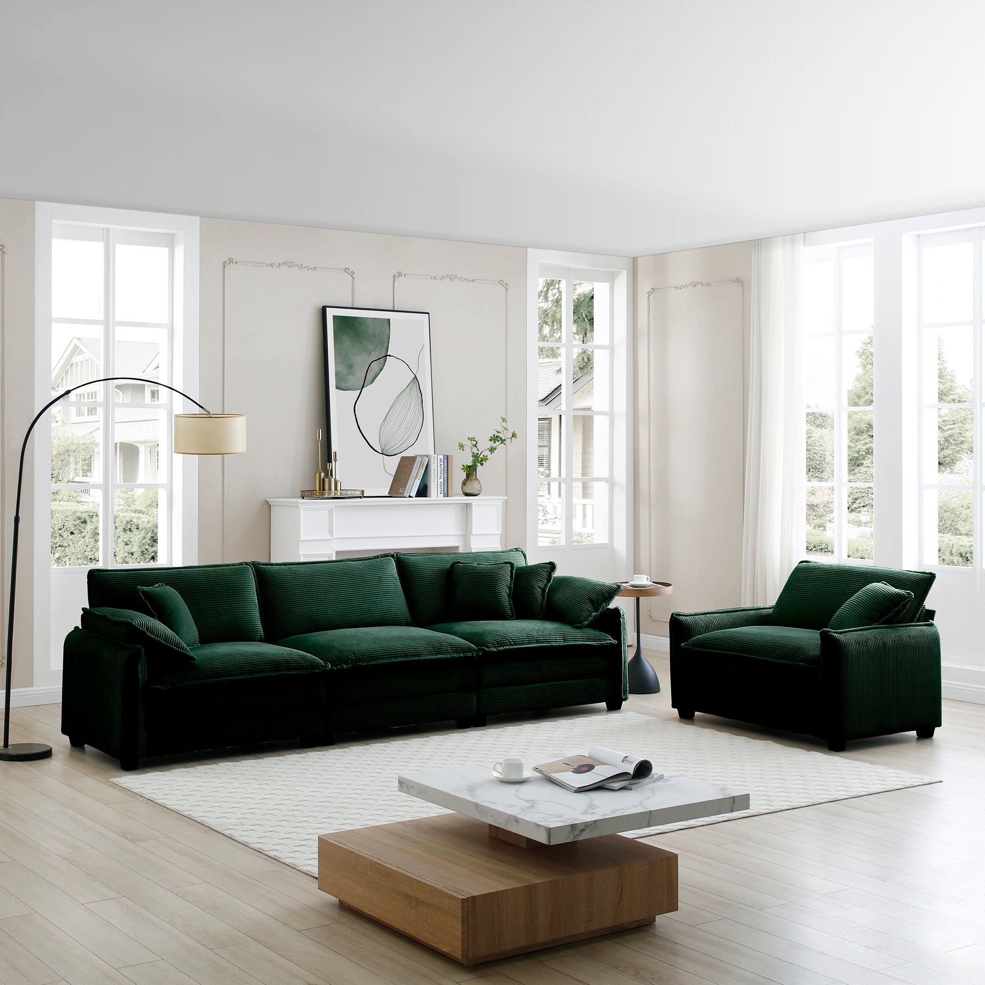 Mid Century Modern Sofa Set Of Two, One 3 Seater Sofa And One Single Seat Sofa With 2 Arm Pillows And 4 Throw Pillows,2 Pieces Sofa Set For Living Room,Green Corduroy Fabric Green Corduroy 4 Seat