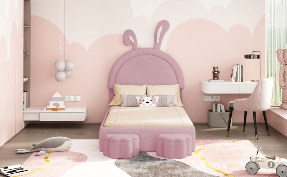 Twin Size Upholstered Rabbit Shape Bed With 2 Storage Stools, Velvet Platform Bed With Cartoon Ears Shaped Headboard, Pink Twin Pink Wood