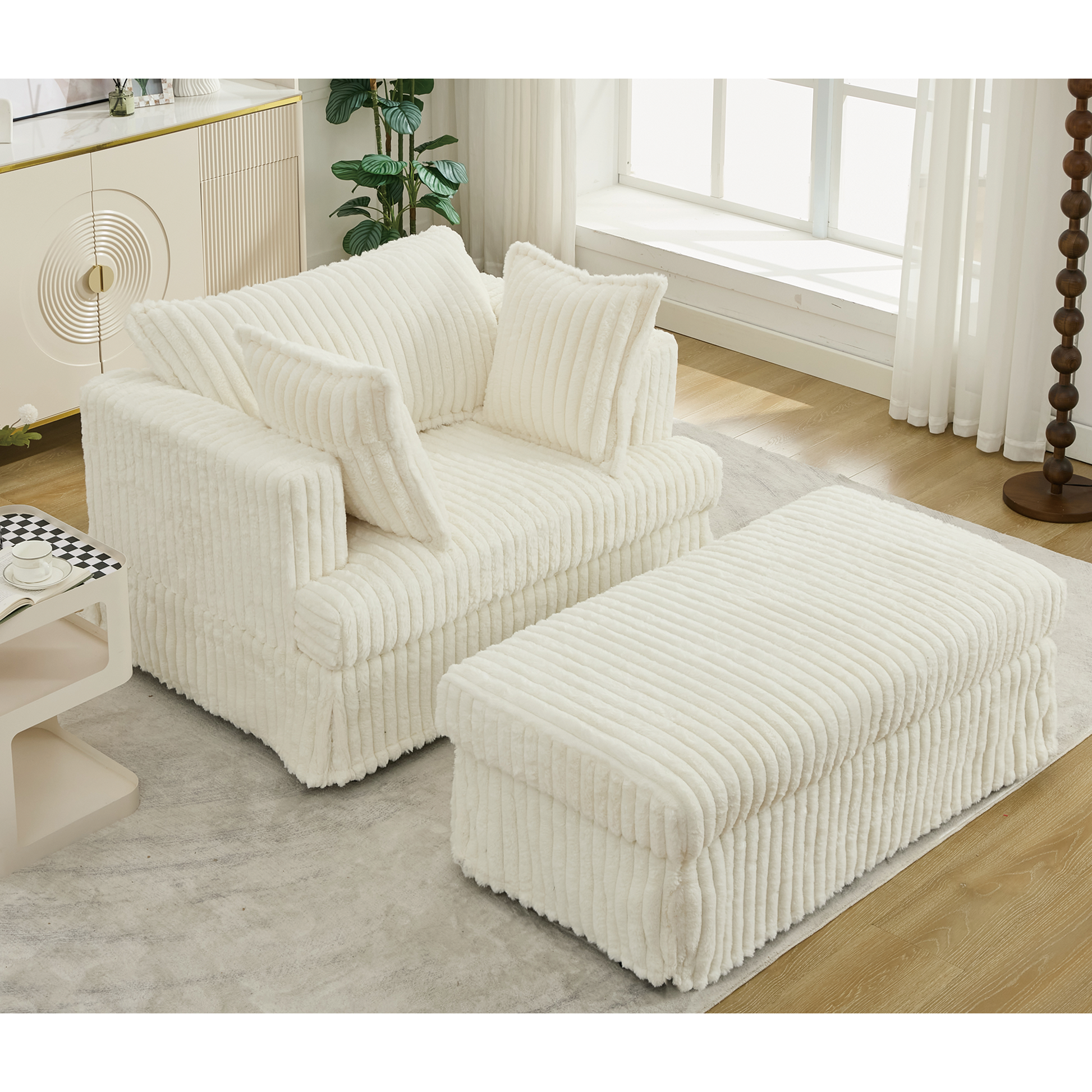 Arrived 47.7'' Oversized Corduroy Chaise Longue With Ottoman, Deep Seat Reclining Chair Sofa, Comfy Thicked Upholstered Pad Chair ,With Foot Stool ,Oversize, Movable Ottoman, Beige Beige Polyester