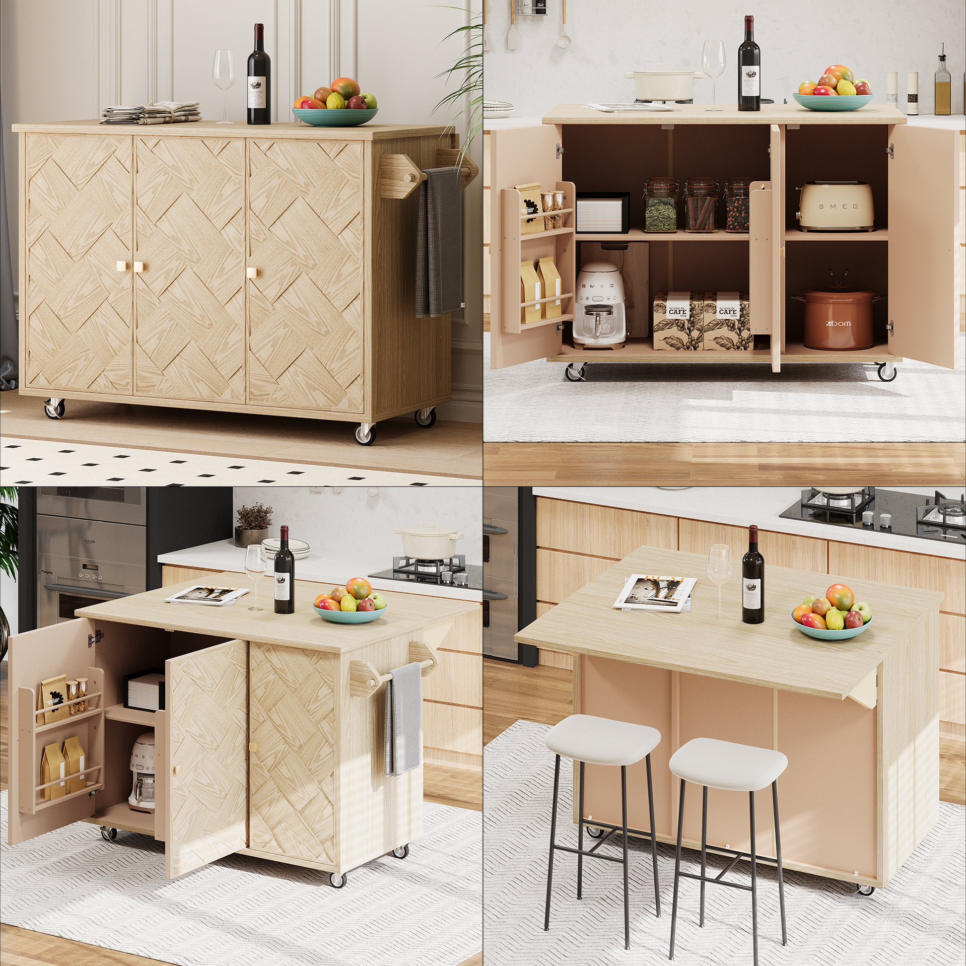 K&K 51.2"W Ash Veneer Not Cheap Paper Solid Wood Handwoven Kitchen Island With Drop Leaf, Coastal Kitchen Island On Wheels With Internal Storage Rack, Rolling Kitchen Cart, Nature Wood Natural Wood