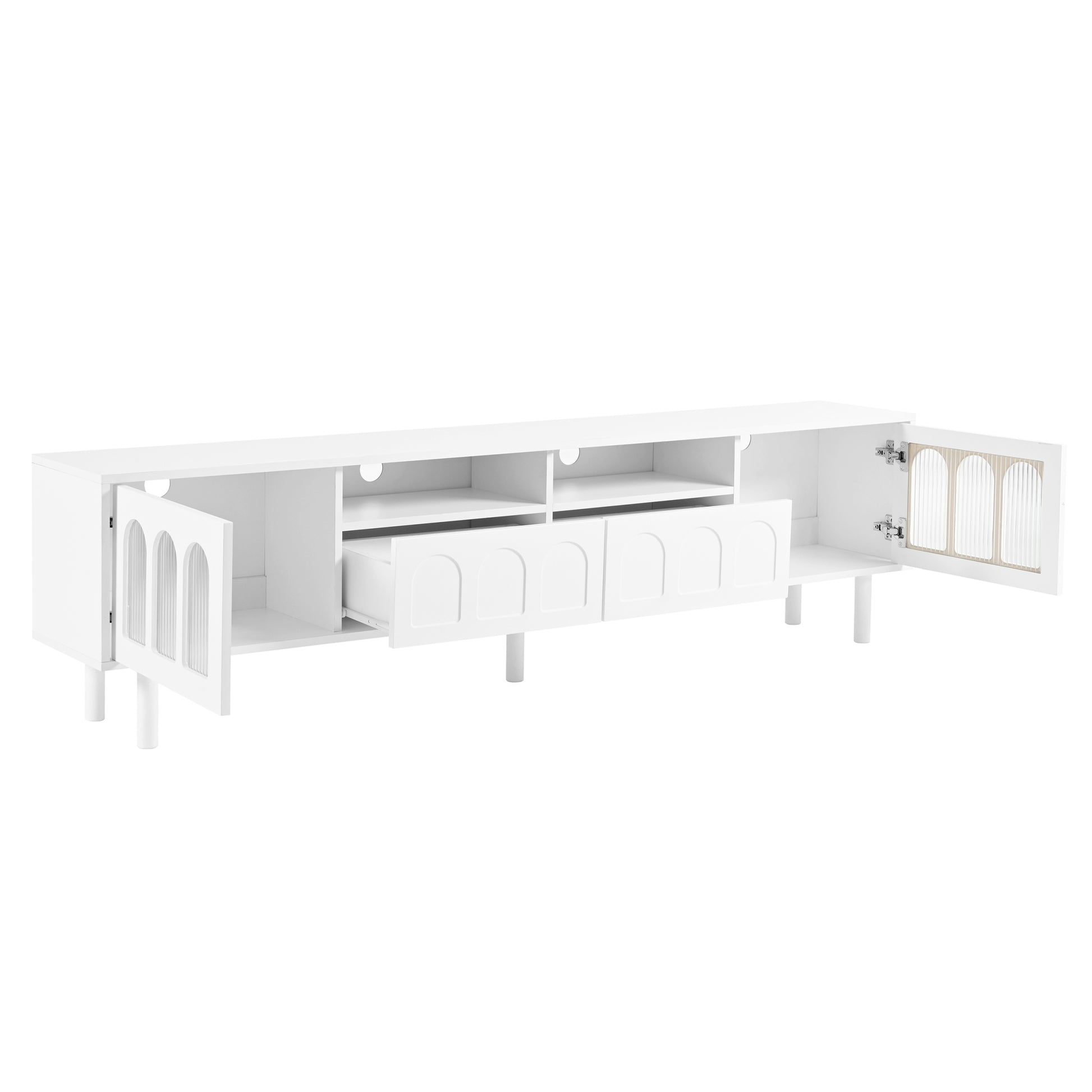 Cream Style Tv Stand With Led Light Strip For Tvs Up To 80'', Graceful Entertainment Center With 5 Solid Wood Legs, Large Storage Media Console With Fluted Tempered Glass Doors, White White 80 89 Inches Particle Board