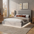 Queen Size Platform Bed With Led Light, Greige Box Spring Not Required Queen Greige Wood Fabric,Plywood,Upholstered