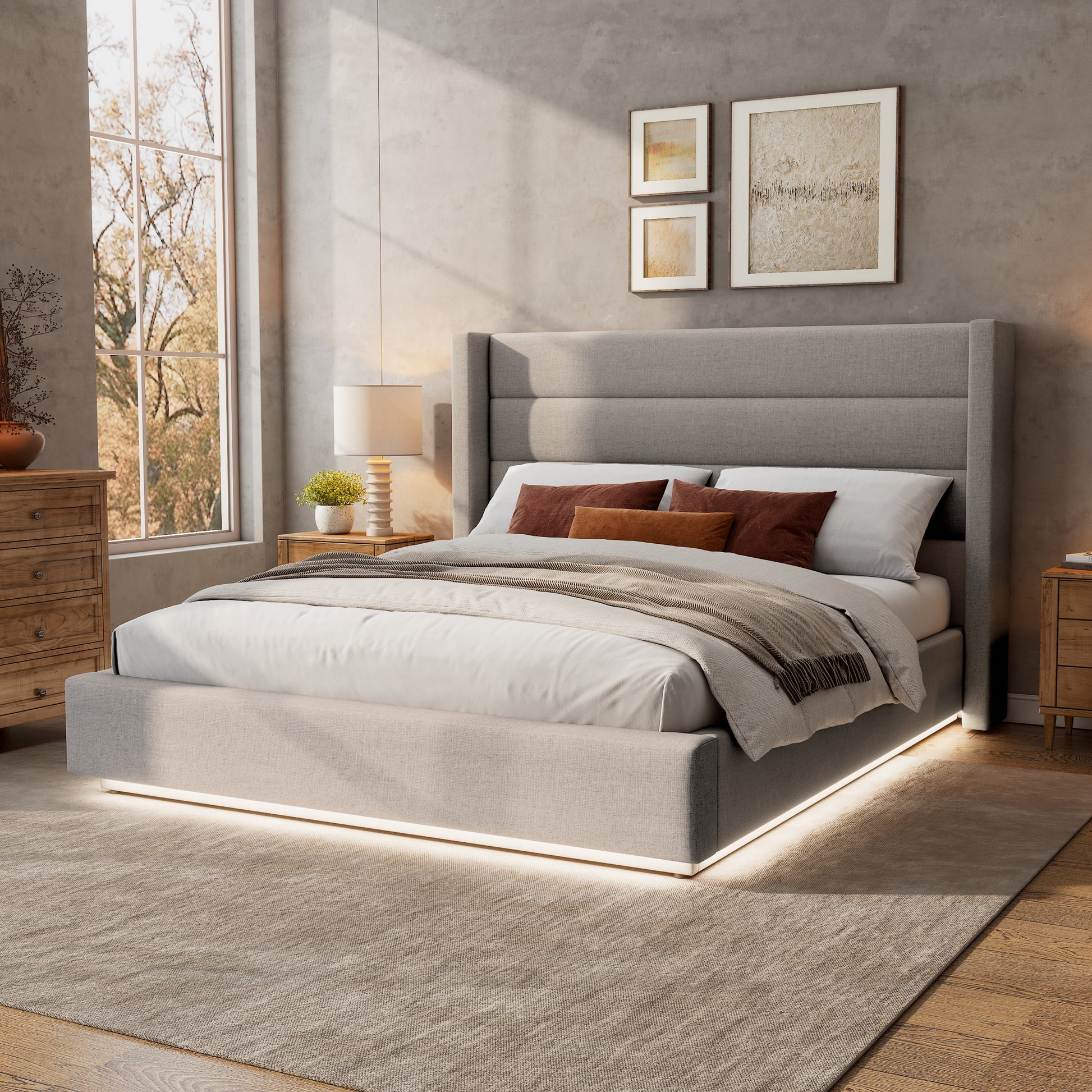 Queen Size Platform Bed With Led Light, Greige Box Spring Not Required Queen Greige Wood Fabric,Plywood,Upholstered