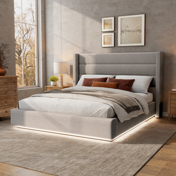 Queen Size Platform Bed With Led Light, Greige Box Spring Not Required Queen Greige Wood Fabric,Plywood,Upholstered