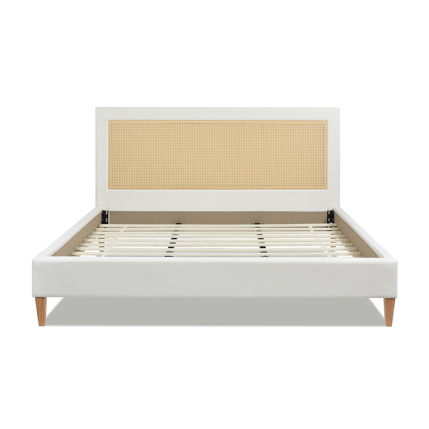 Haley Upholstered Cane Back Platform Bed, King, Antique White Polyester Box Spring Not Required King Antique White Wood Foam Polyester Polyester