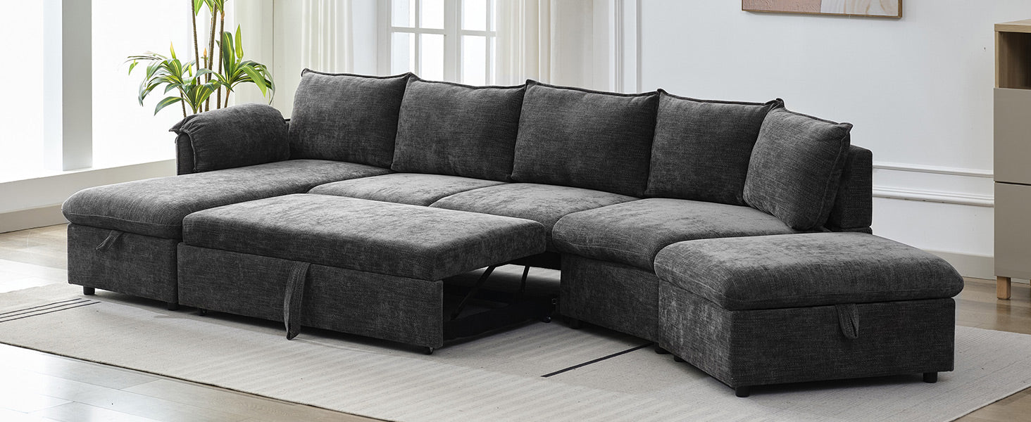 146.9" L Shaped Sofa Sectional Sofa Couch Pull Out Sofa Bed With A Movable Storage Ottoman, A Storage Chaise Lounge And Two Usb Ports For Living Room, Grey Grey Foam Linen 5 Seat