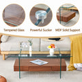 43.3 Inch Modern Two Tier Coffee Table Clear Tempered Glass And Dark Wood Grain, Multifunctional Storage Design.The Bottom Tier Includes A Drawer.Can Be Used As A Coffee Table,Side Table,Etc.