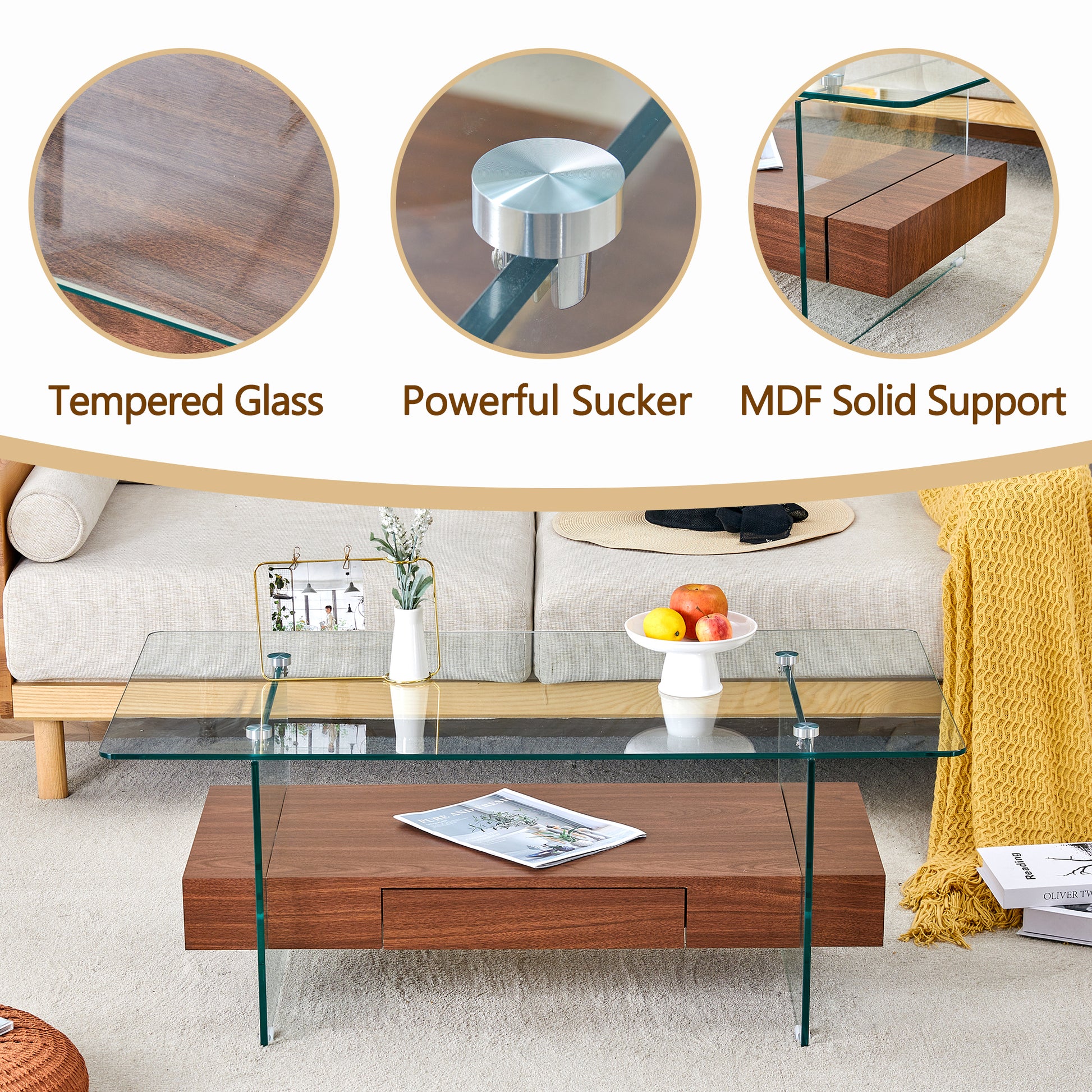 43.3 Inch Modern Two Tier Coffee Table Clear Tempered Glass And Dark Wood Grain, Multifunctional Storage Design.The Bottom Tier Includes A Drawer.Can Be Used As A Coffee Table,Side Table,Etc.