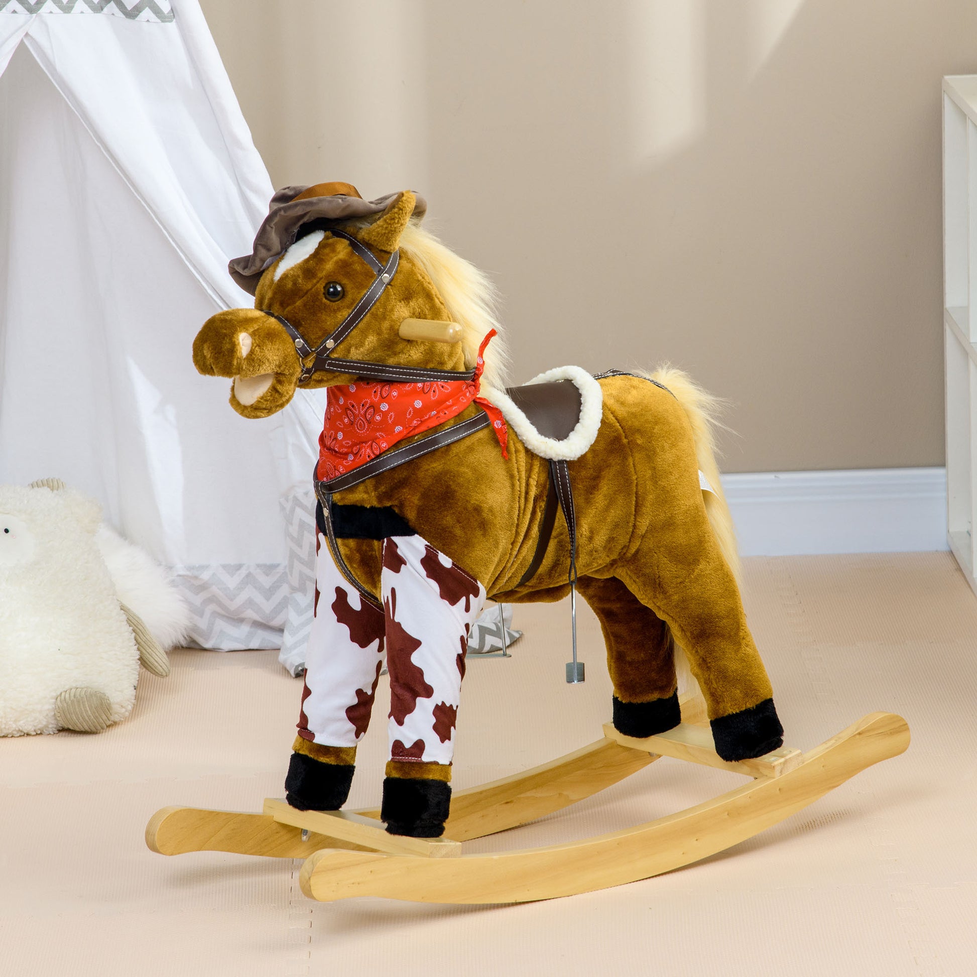 Qaba Baby Rocking Horse, Large Riding Horse, Plush Animal Rocker With Realistic Sound, Saddle, Toy For Boy Girl Ages 3 8 Years Old, Brown Brown Plush