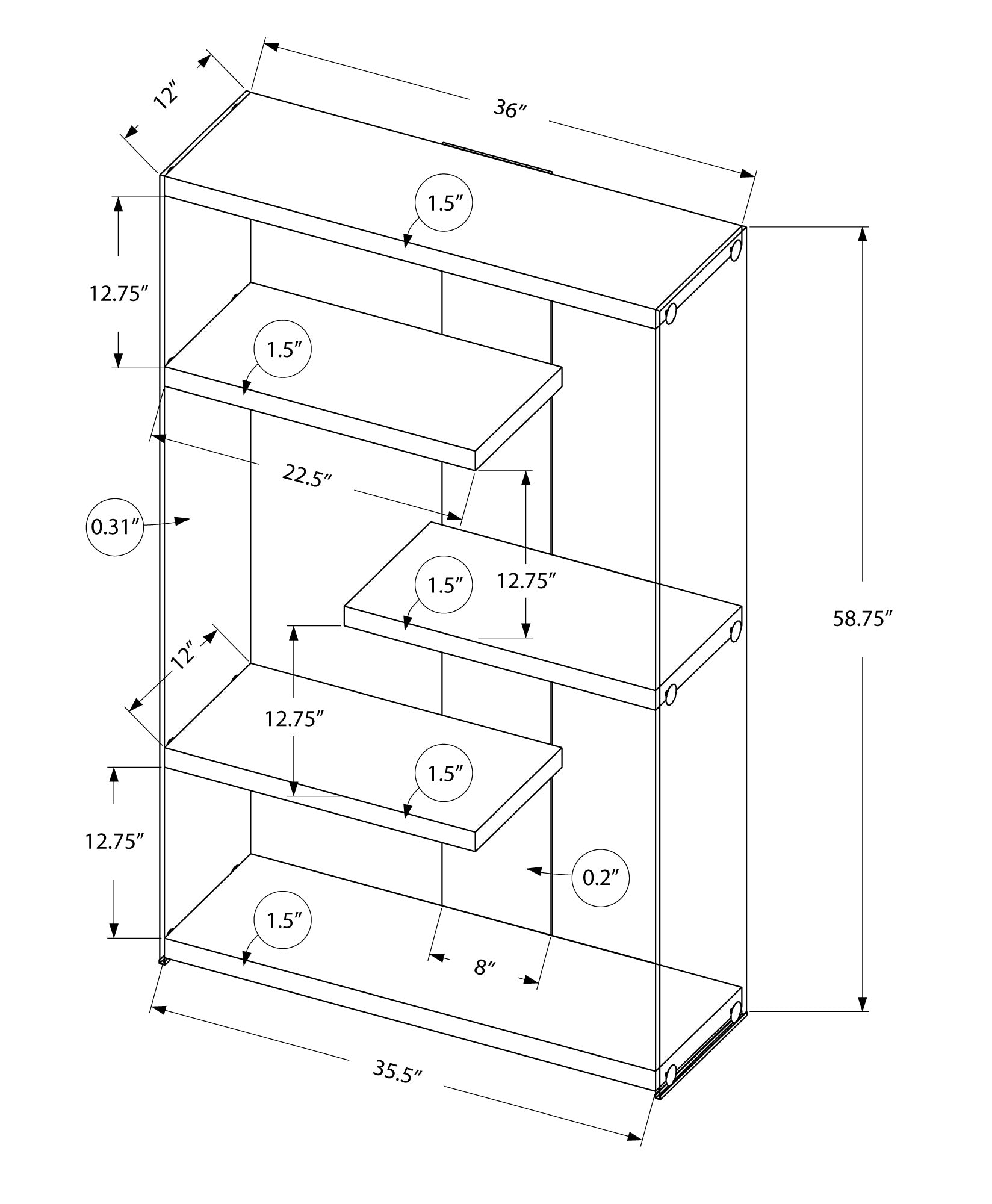 Bookshelf, Bookcase, Etagere, 5 Tier, 60"H, Office, Bedroom, Glossy White Laminate, Clear Tempered Glass, Contemporary, Modern White Mdf