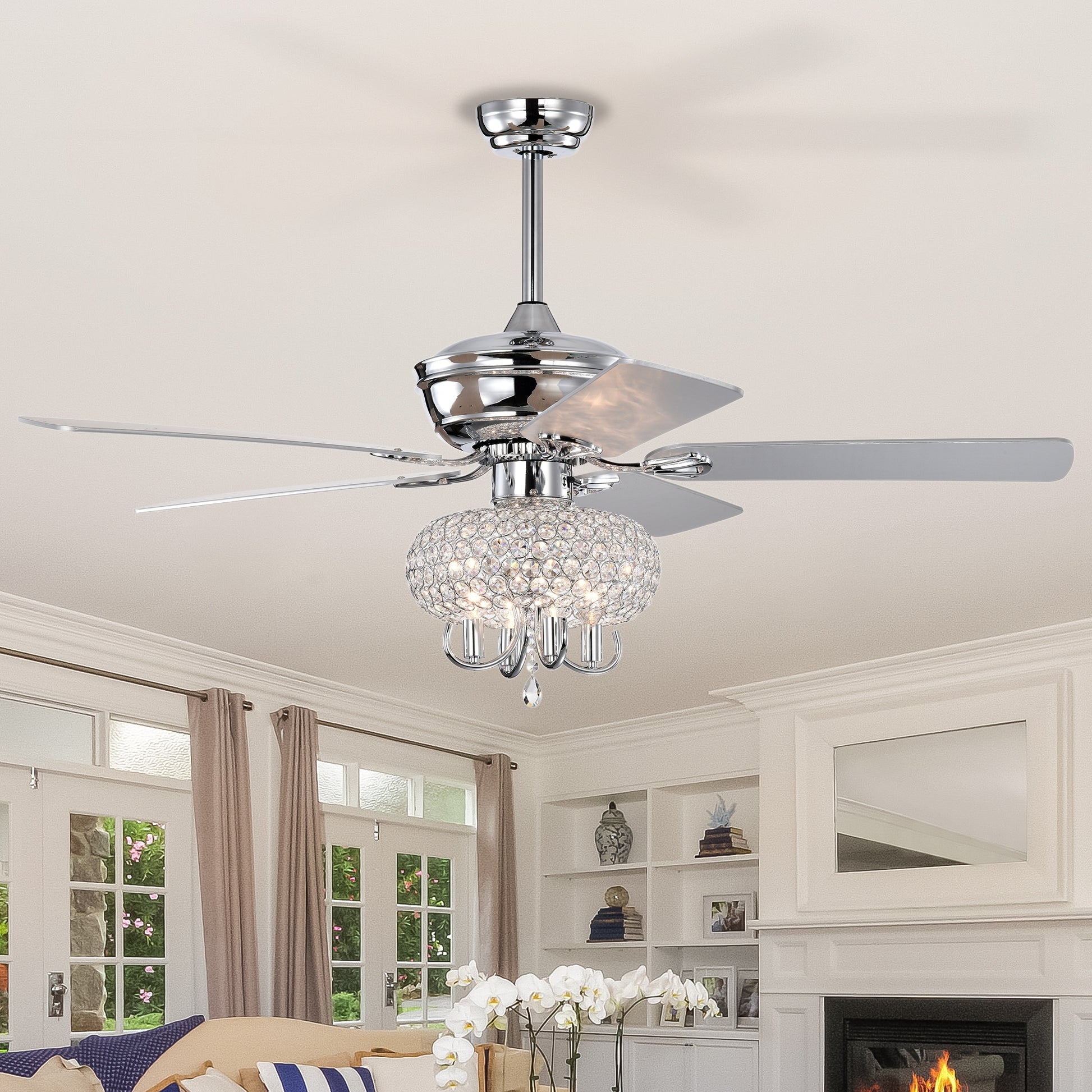 52 Inch Crystal Ceiling Fan With Lights Fandelier Chandelier Reversible Blades 3 Wind Speeds Remote Control For Bedroom Living Dining Room Chrome Chrome American Design,American Traditional,Retro,Traditional,Vintage Crystal Iron