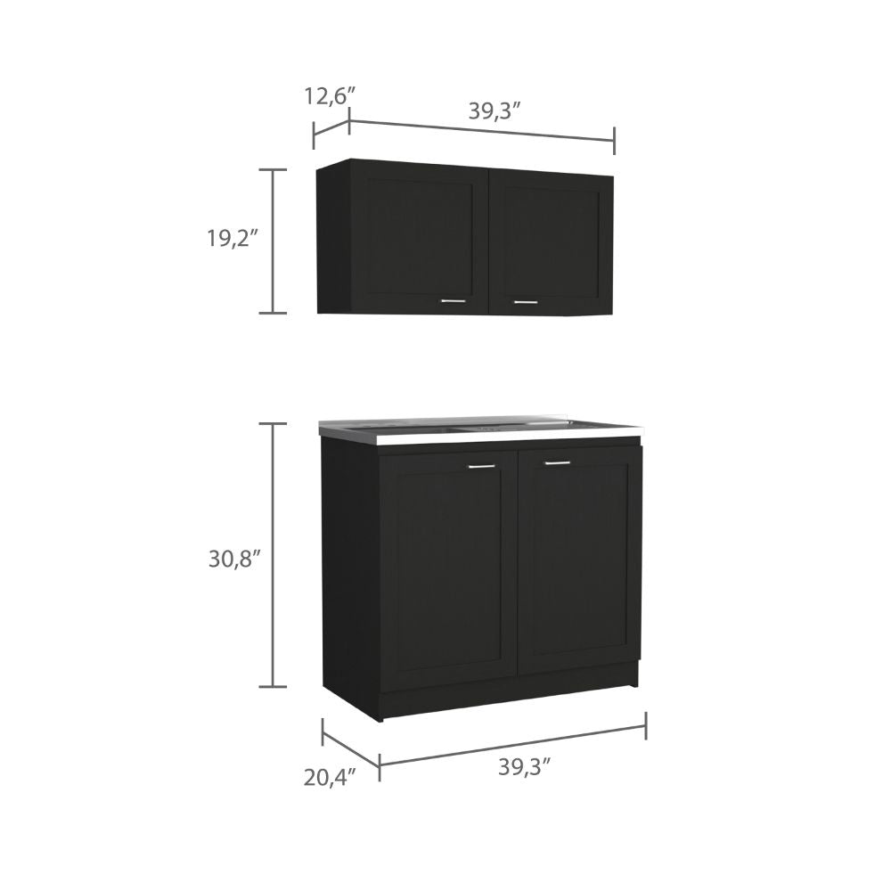Cabinet, Two Parts Set, Black Black Solid Wood Mdf Engineered Wood