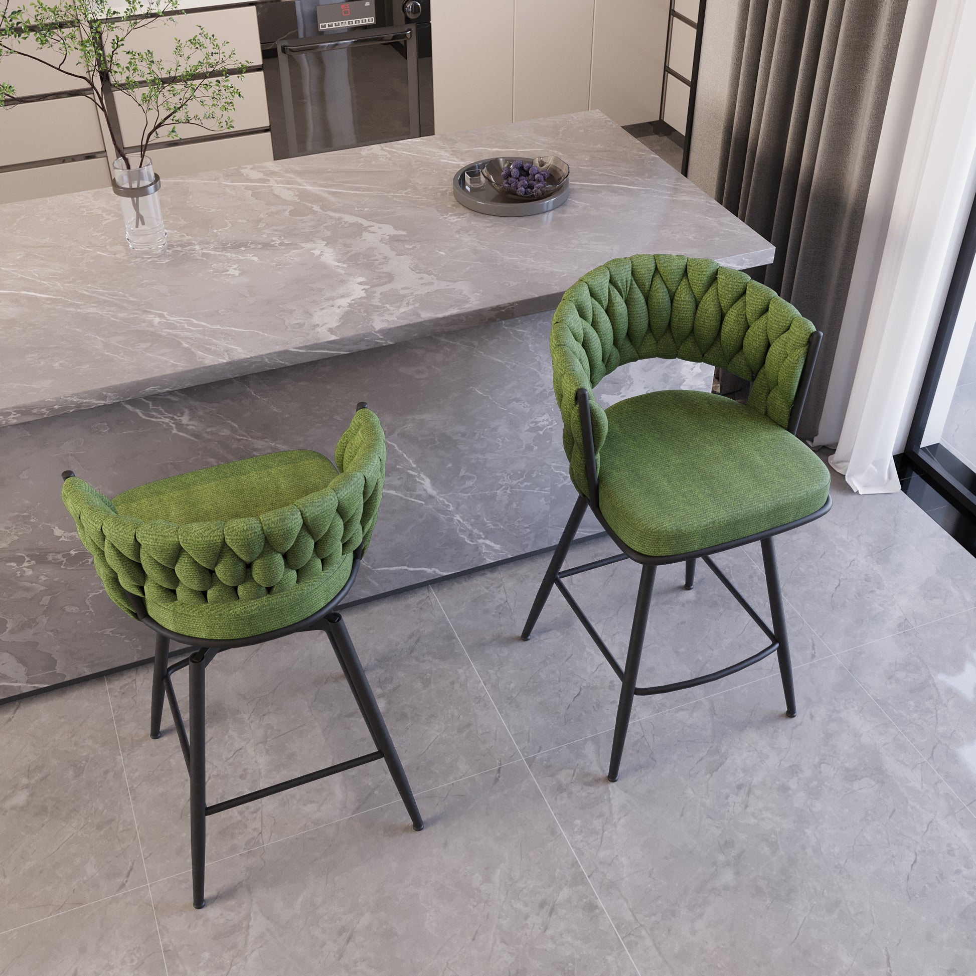 Bar Chair Linen Woven Bar Stool Set Of 2, Black Legs Barstools No Adjustable Kitchen Island Chairs,360 Swivel Bar Stools Upholstered Bar Chair Counter Stool Arm Chairs With Back Footrest, Green Green Foam Linen