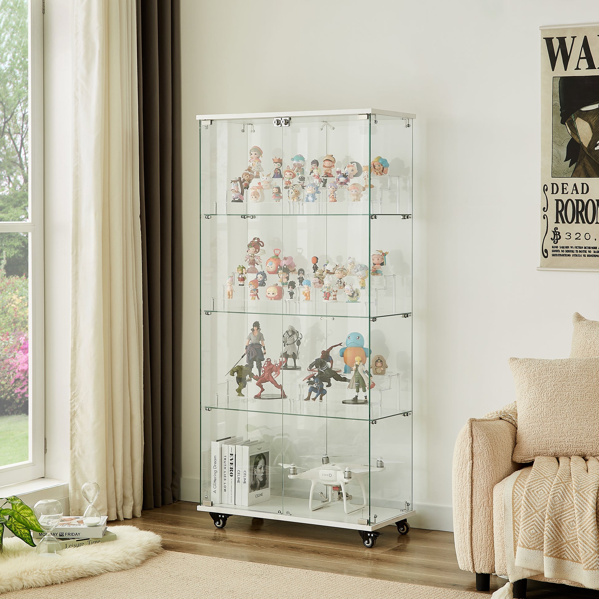 4 Tier Glass Display Cabinet, Double Door Glass Cabinet With Two Locks, Floor Standing Storage Cabinet With 6 Acrylic Shelves For Living Room, Bedroom And Office, White, 31.5"L X 14.2"W X 65.1"H