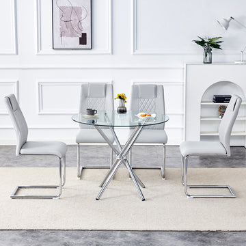 Table And Chair Set.36.6"Round Clear Glass Dining Table With A Unique Shape With Ring Shaped Gathered Silver Metal Legs.Paired With 4 Light Gray High Quality Pu Dining Chairs With Silver Metal Legs.