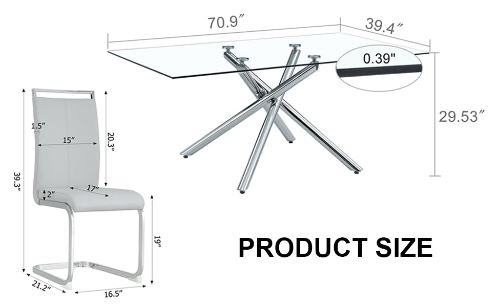 Table And Chair Set.Modern Luxurious Transparent Tempered Glass Dining Table Set.Paried With 6 Light Gray Chairs With Pu Cushion And Silver C Tube Metal Legs. Light Gray,Transparent Seats 6 Glass