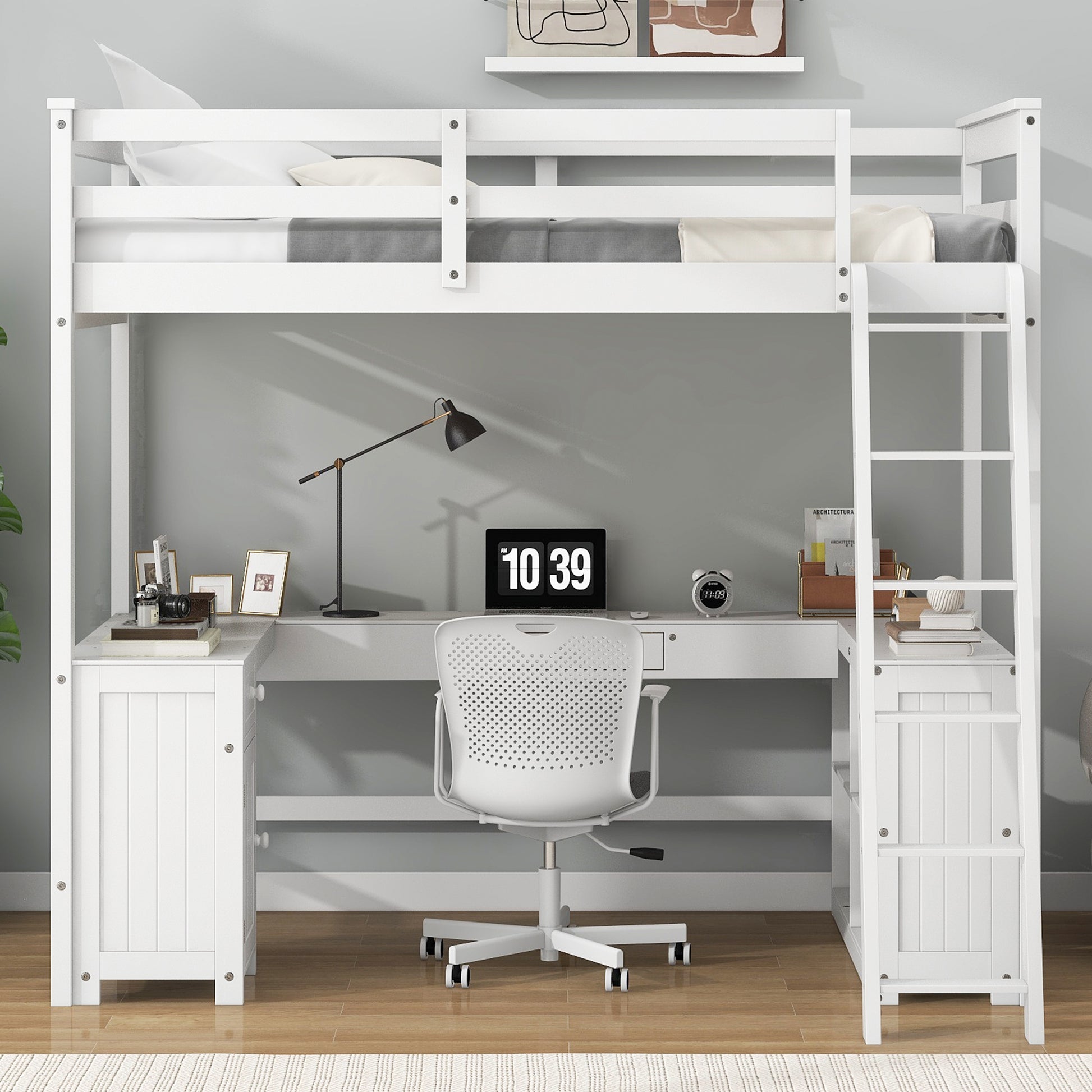 Full Size Loft Bed With U Shaped Desk, Drawers And Storage Shelves, White Box Spring Not Required Full White Wood Bedroom Solid Wood Mdf