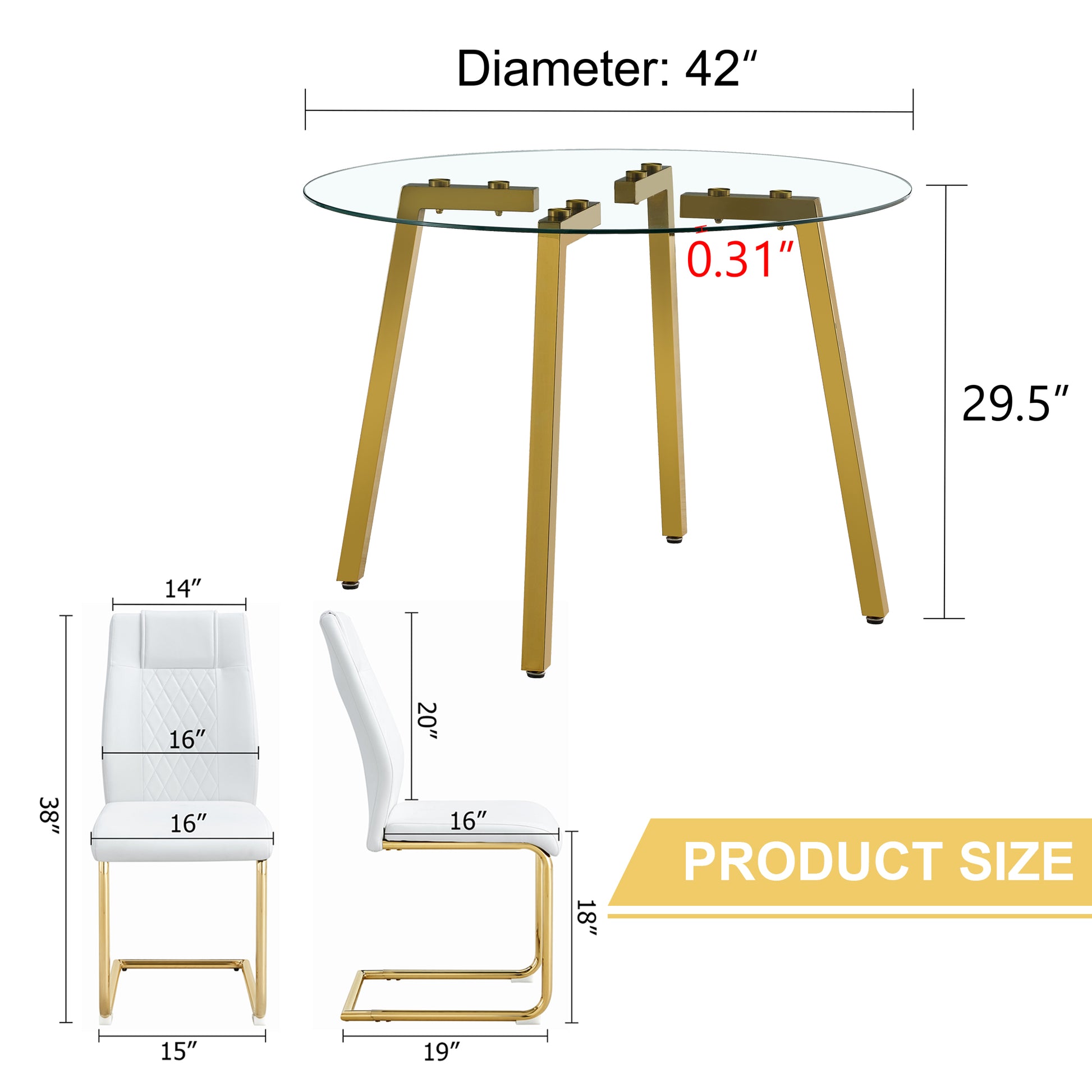 Table And Chair Set.A Modern Minimalist Style Round Clear Tempered Glass Table With Metal Legs.Paried With White Chairs With Modern Pu Leather High Back Upholstered And C Tube Golden Legs.