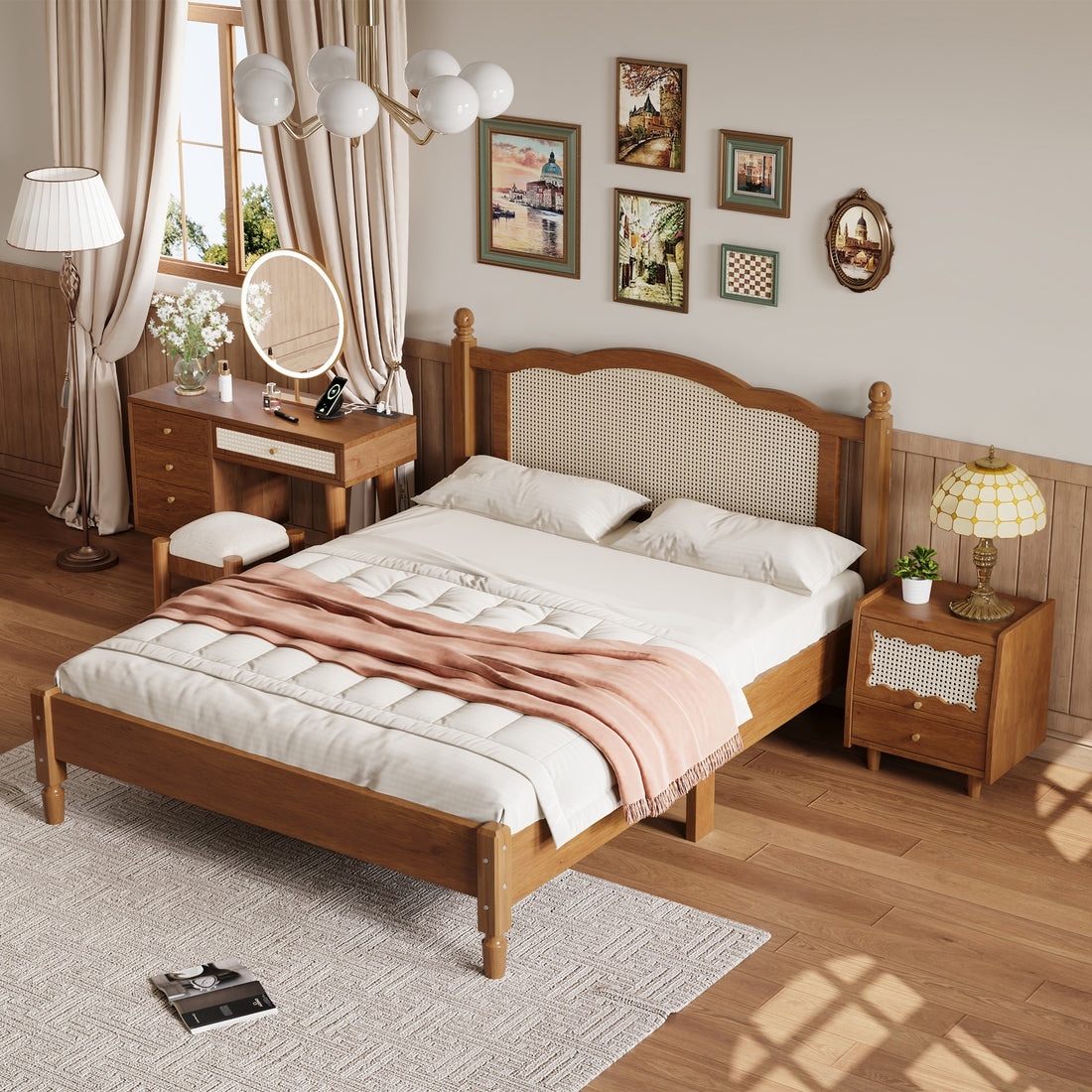 3 Pieces Bedroom Set With Queen Size Wooden Bed Frame, 1 Vintage Nightstand And 1 Makeup Vanity Set With Stool,Walnut Expected Arrival Time: 08.23 Queen Walnut 3 Piece Set Wood