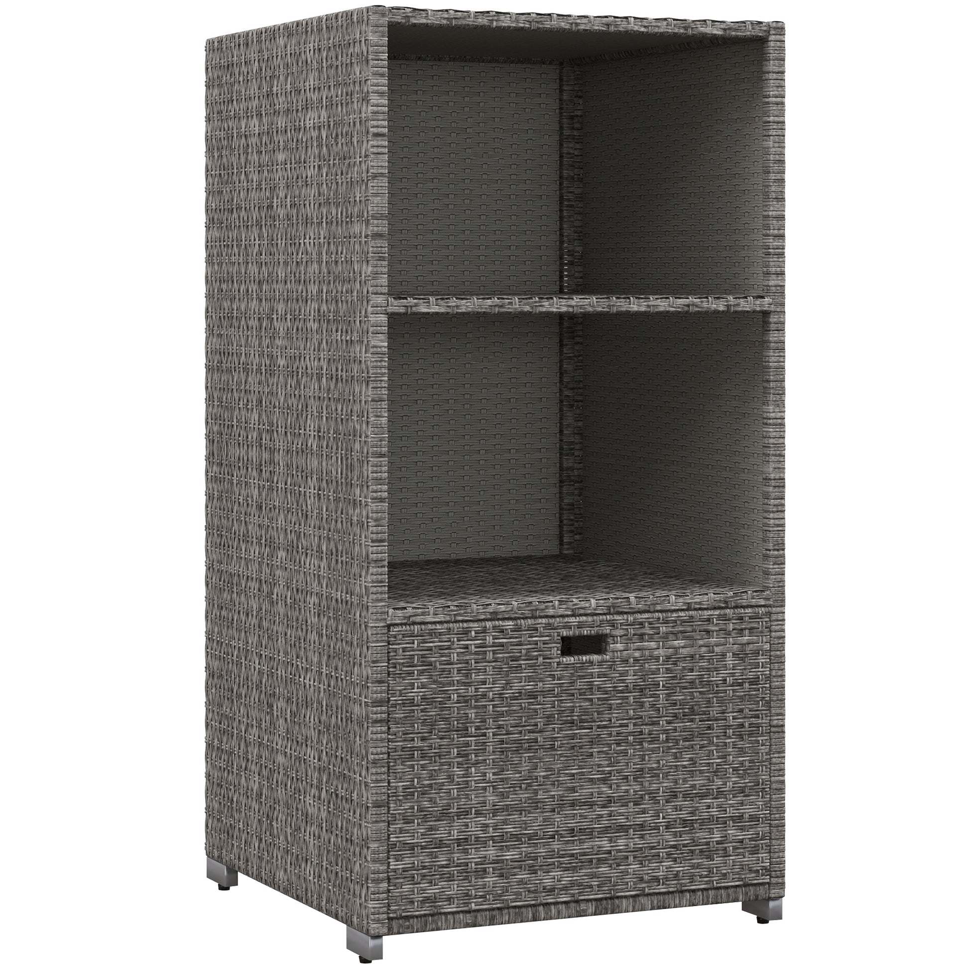 Outsunny Valet Pool Towel Rack, Waterproof Pe Plastic Rattan Wicker Storage Organizer, Indoor Outdoor Spa, And Hot Tub Accessory Storage, 2 Shelves, 1 Basket Drawer, Mixed Gray Dark Grey Rattan