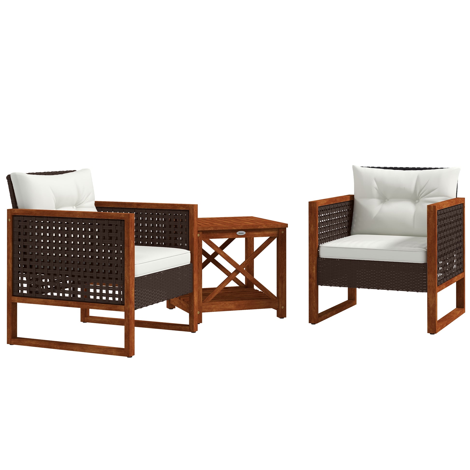 Outsunny 3 Pieces Patio Bistro Set Wooden With Cushions, Pe Wicker Patio Furniture Outdoor For Porch, Backyard, Garden, Brown Brown Rattan Metal