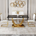 Table And Chair Set.Modern Rectangular Dining Table With Black Textured Stickers Glass Tabletop And Gold Plated Metal Legs.Paried With 4 Comfortable Chairs With Pu Seats And Golden Metal Legs. White Gold Seats 4 Glass Metal