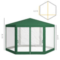 Outsunny 13' X 11' Outdoor Party Tent, Hexagon Sun Shade Shelter Canopy With Protective Mesh Screen Sidewalls, Ropes & Stakes, Green Green Steel