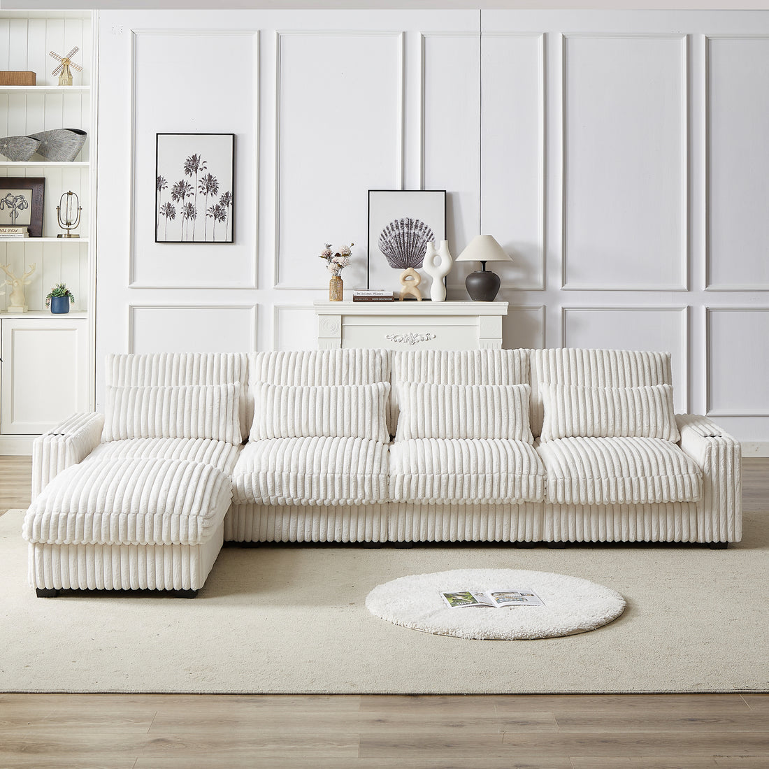 128 Inch Corduroy With Cup Holder Super Large L Shaped Sofa, Movable Footrest, Four Waist Pillows And Four Back Cushion, With Usb Port And T Pyce Port Beige Corduroy 3 Seat