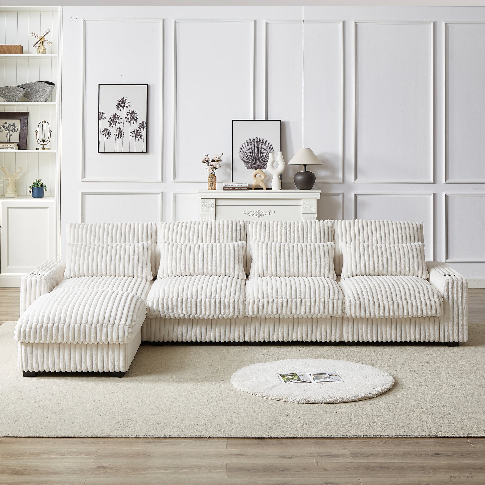 128 Inch Corduroy With Cup Holder Super Large L Shaped Sofa, Movable Footrest, Four Waist Pillows And Four Back Cushion, With Usb Port And T Pyce Port Beige Corduroy 3 Seat