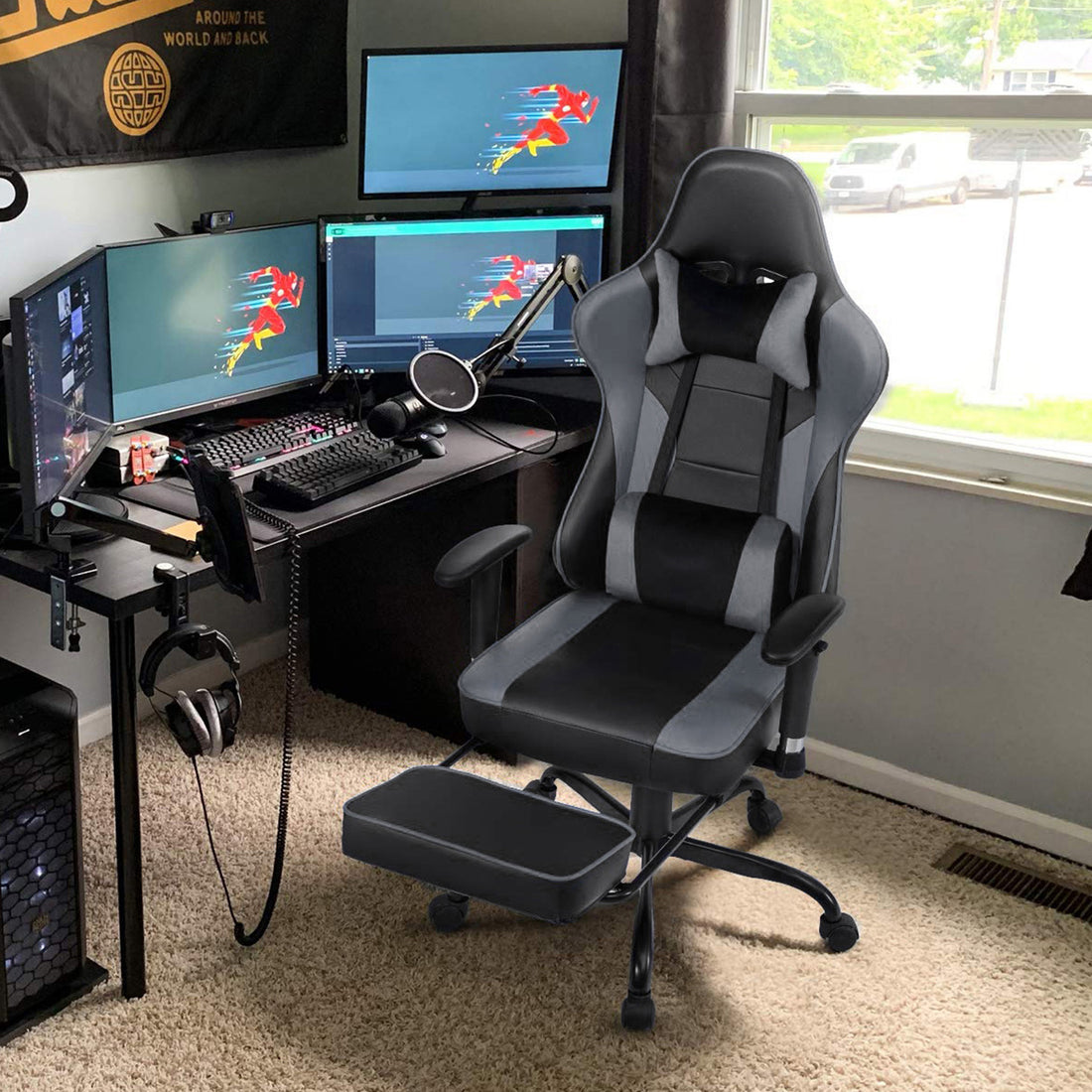 Game Chair, Ergonomiy Designed Computer Chair With Headrest And 2D Armrests, Waist Pillow Electronic Lounge Chair With Vibration Massage Function, Competitive Chair Iron Grey Cotton Leather