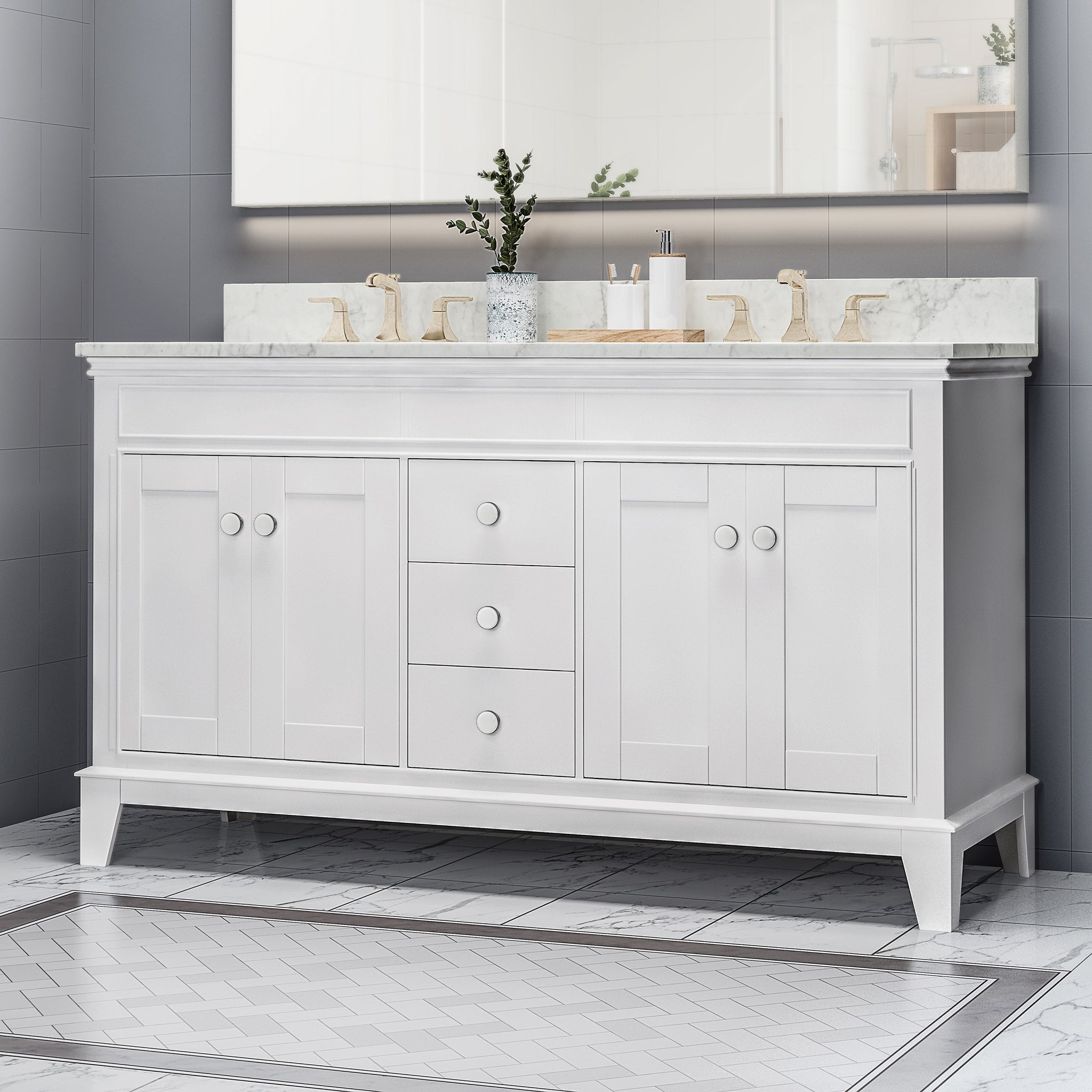 61'' Bathroom Vanity With Marble Top & Double Ceramic Sinks, 3 Drawers, 4 Doors, White White Plywood