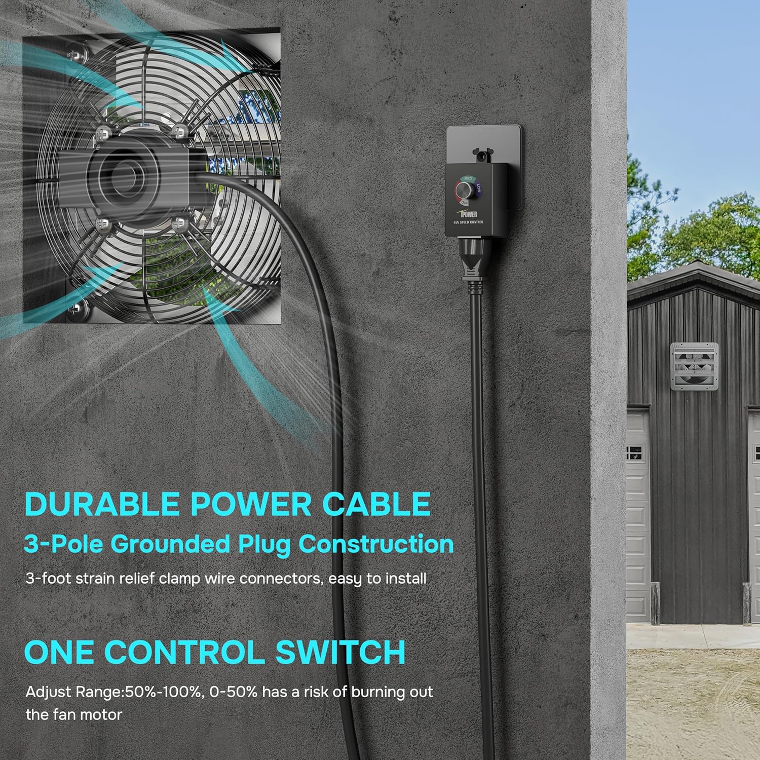 24 Inch Wall Mounted Shutter Exhaust Fan With Speed Controller And Power Cord Kit, Aluminum, 1400 Rpm, 4016 Cfm, For Attic, Garage, Louvered Vent, Plant, Greenhouse, Silver Silver Aluminum