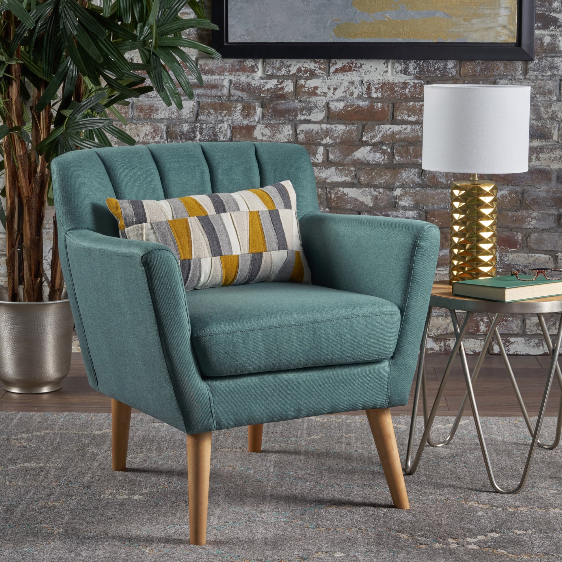 Mid Century Modern Fabric Club Chair, 28.30" W X 27.60" D X 31.50" H, Dark Teal Natural Teal Linen