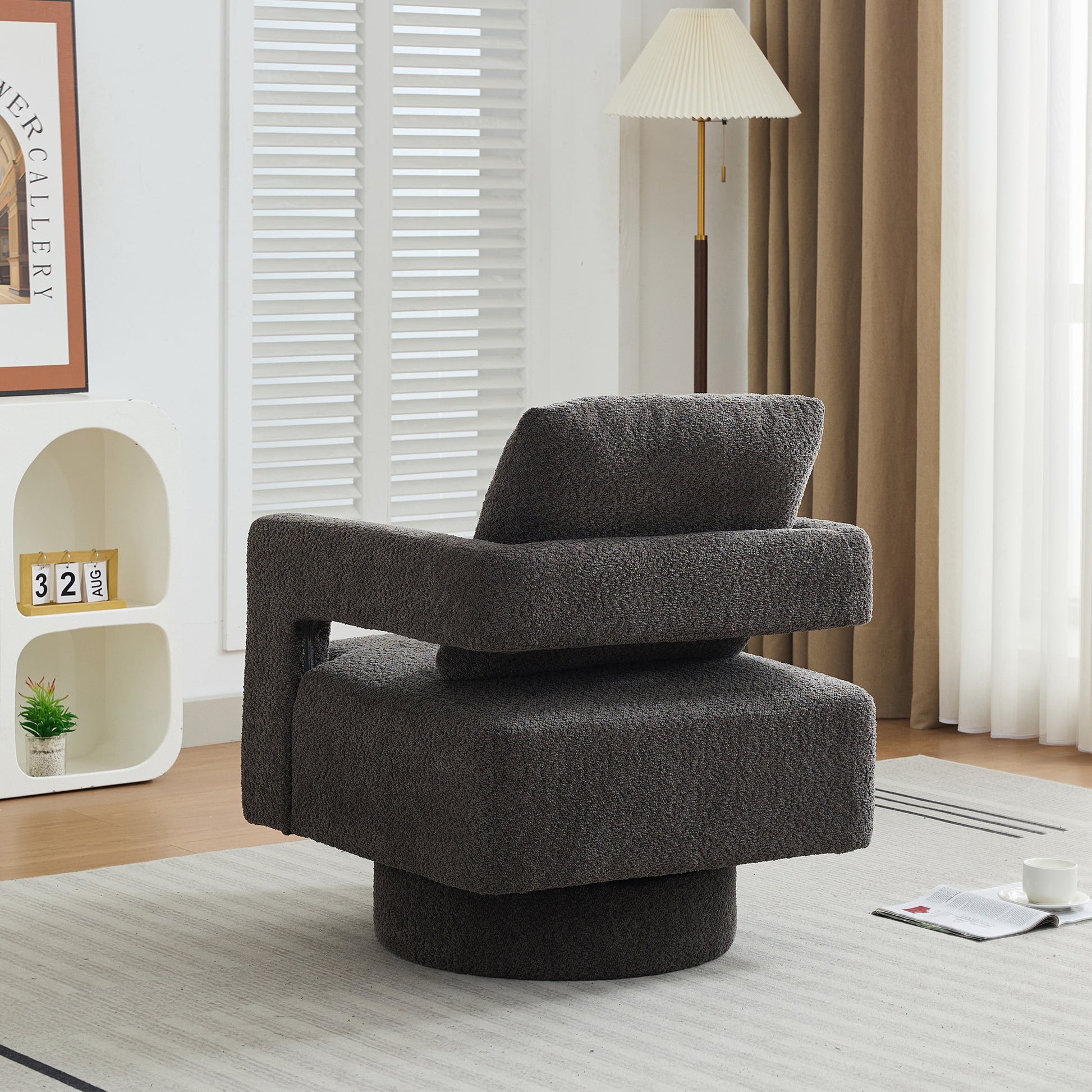 29.13" W Square Swivel Accent Chair, Modern Rotating Arm Chair With Open Back,360 Degree Rotation, Lounge Club Chair With Removable Back Cushion For Living Room, Hotel, Bed Room,Charcoal Charcoal