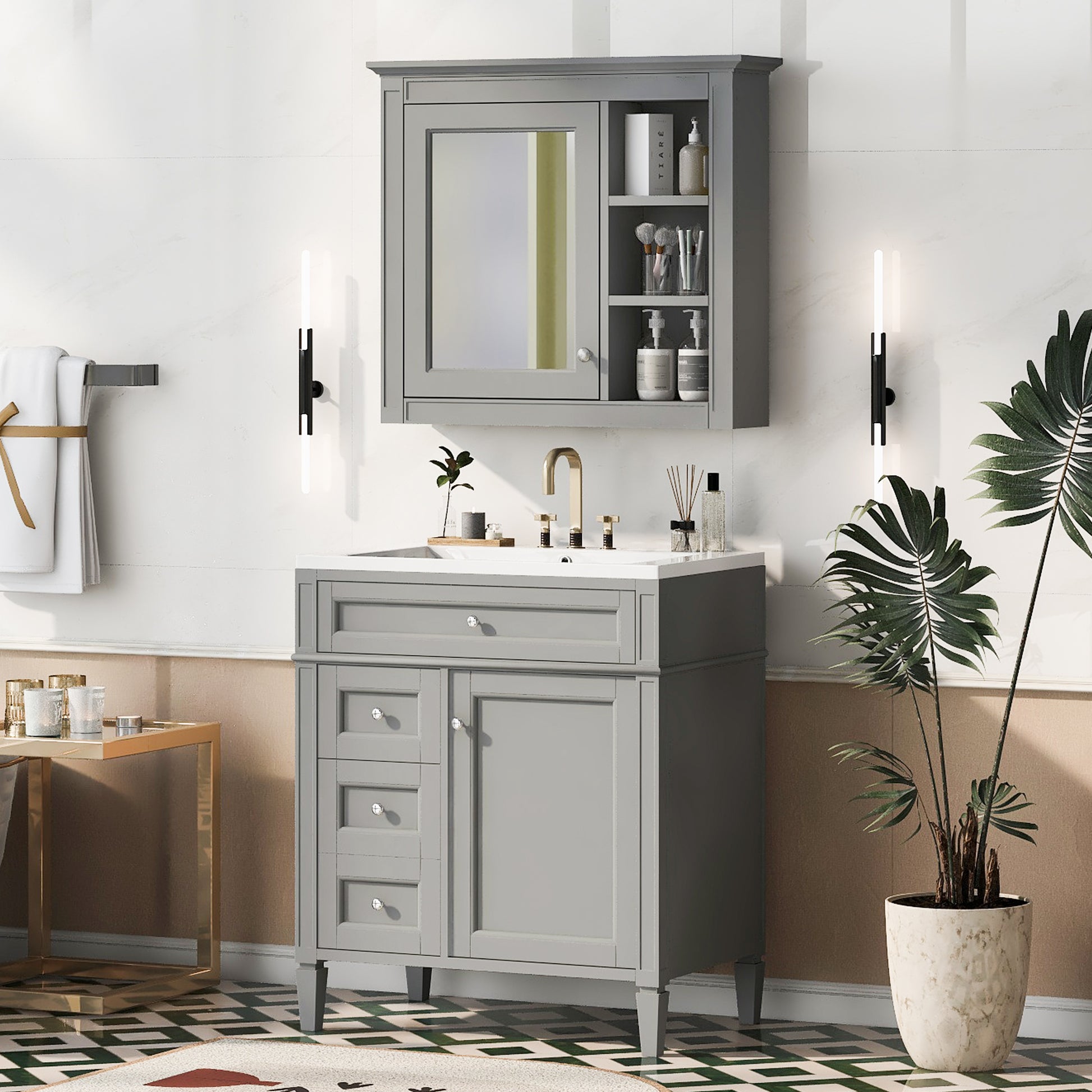 30'' Bathroom Vanity With Top Sink, Modern Bathroom Storage Cabinet With 2 Drawers And A Tip Out Drawer, Freestanding Vanity Set With Mirror Cabinet, Single Sink Bathroom Vanity Grey Bathroom Solid