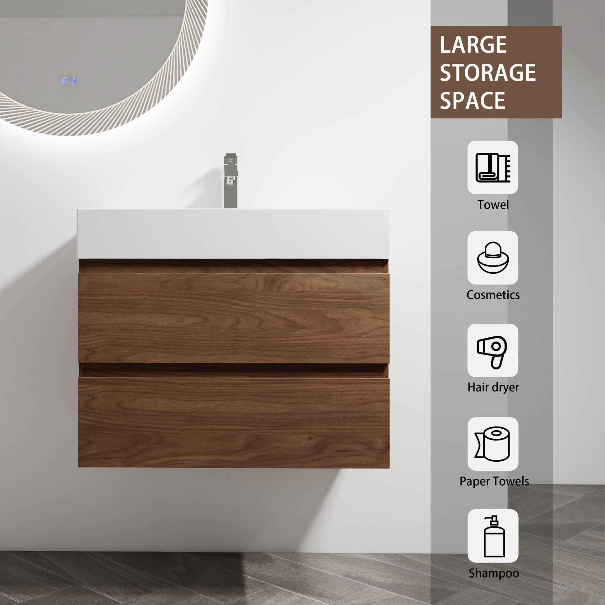 30" Wall Mounted Bathroom Vanity With Resin Sink, 2 Soft Close Drawers, Kd Package 2 Brown Oak Bathroom Wall Mounted Modern Plywood