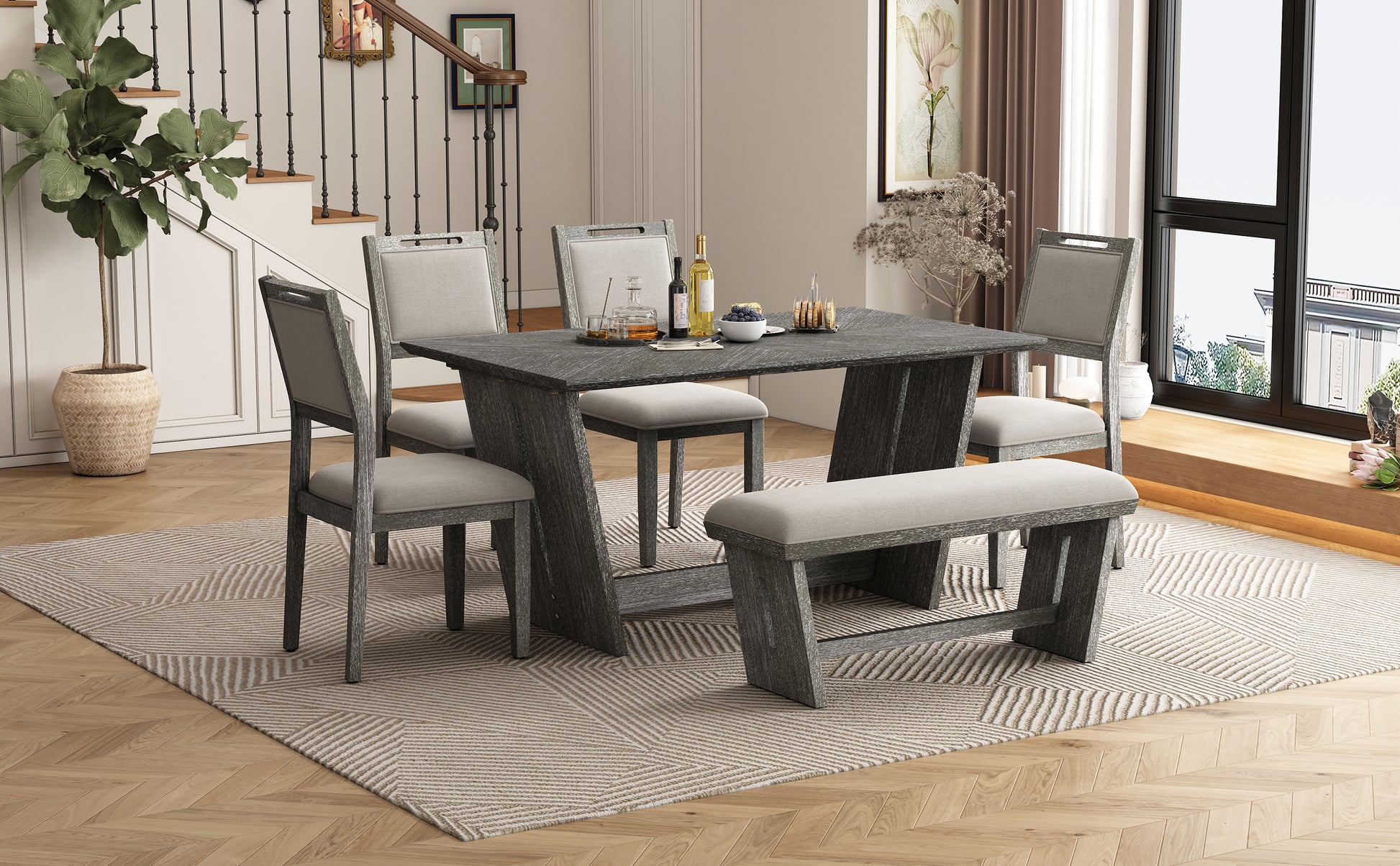 6 Piece Retro Dining Set, 1 Rectangular Table With Stable Trapezoidal Table Base And 4 Upholstered Chairs And 1 Bench For Dining Room And Kitchen Gray Gray Solid Wood Mdf