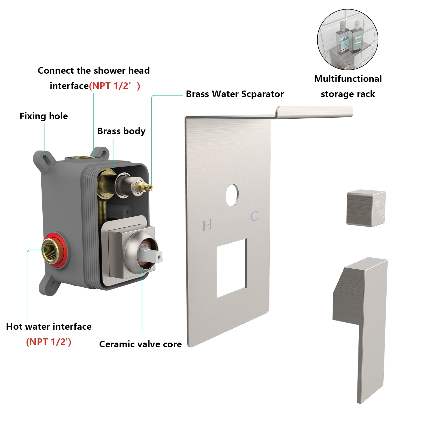 Rainfall Shower System With Storage Rack 10 Inch Shower Faucet Set Brushed Nickel With High Pressure With Square Shower Head Luxury Shower Set Wall Mount Brushed Nickel Metal